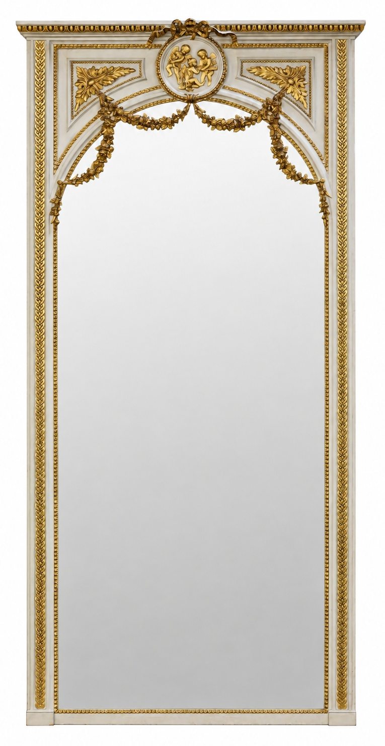 Een grote geslepen spiegel met afgeronde bovenkant en goudkleurige guirlandes. Rococo stijl Een grote geslepen spiegel met afgeronde bovenkant en goudkleurige guirlandes. Rococo stijl.