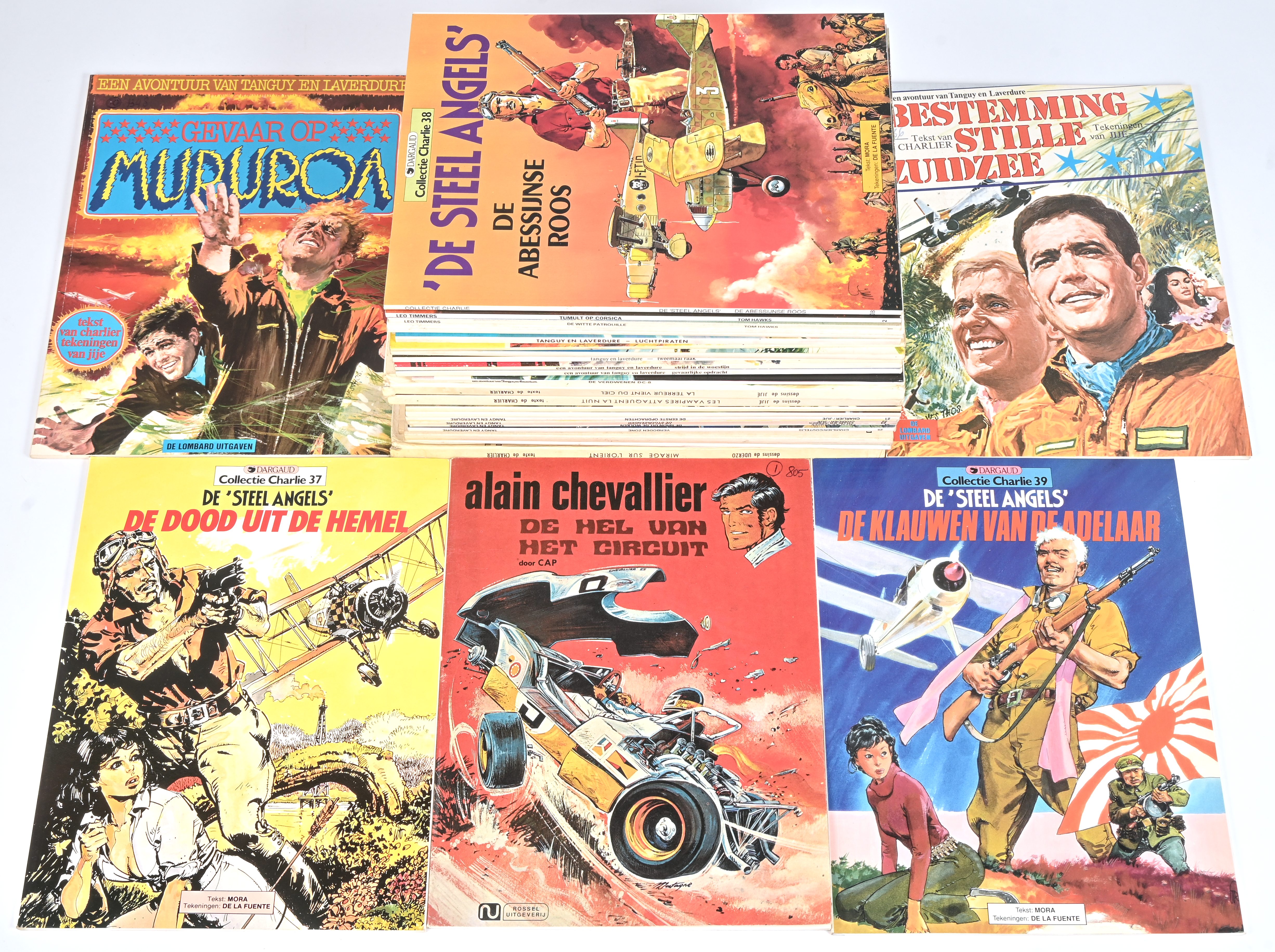Een partij stripalbums met titels uit de reeksen: ‘Alain Chevallier’ (1), ‘De Steel Angels’ (3), ‘Tomahawks’ (2) en ‘De avonturen van Tanguy en Laverdure’ (25, deels franstalig). Mogelijk met geschreven markeringen op de kaft Een partij stripalbums met titels uit de reeksen: ‘Alain Chevallier’ (1), ‘De Steel Angels’ (3), ‘Tomahawks’ (2) en ‘De avonturen van Tanguy en Laverdure’ (25, deels franstalig). Mogelijk met geschreven markeringen op de kaft.
