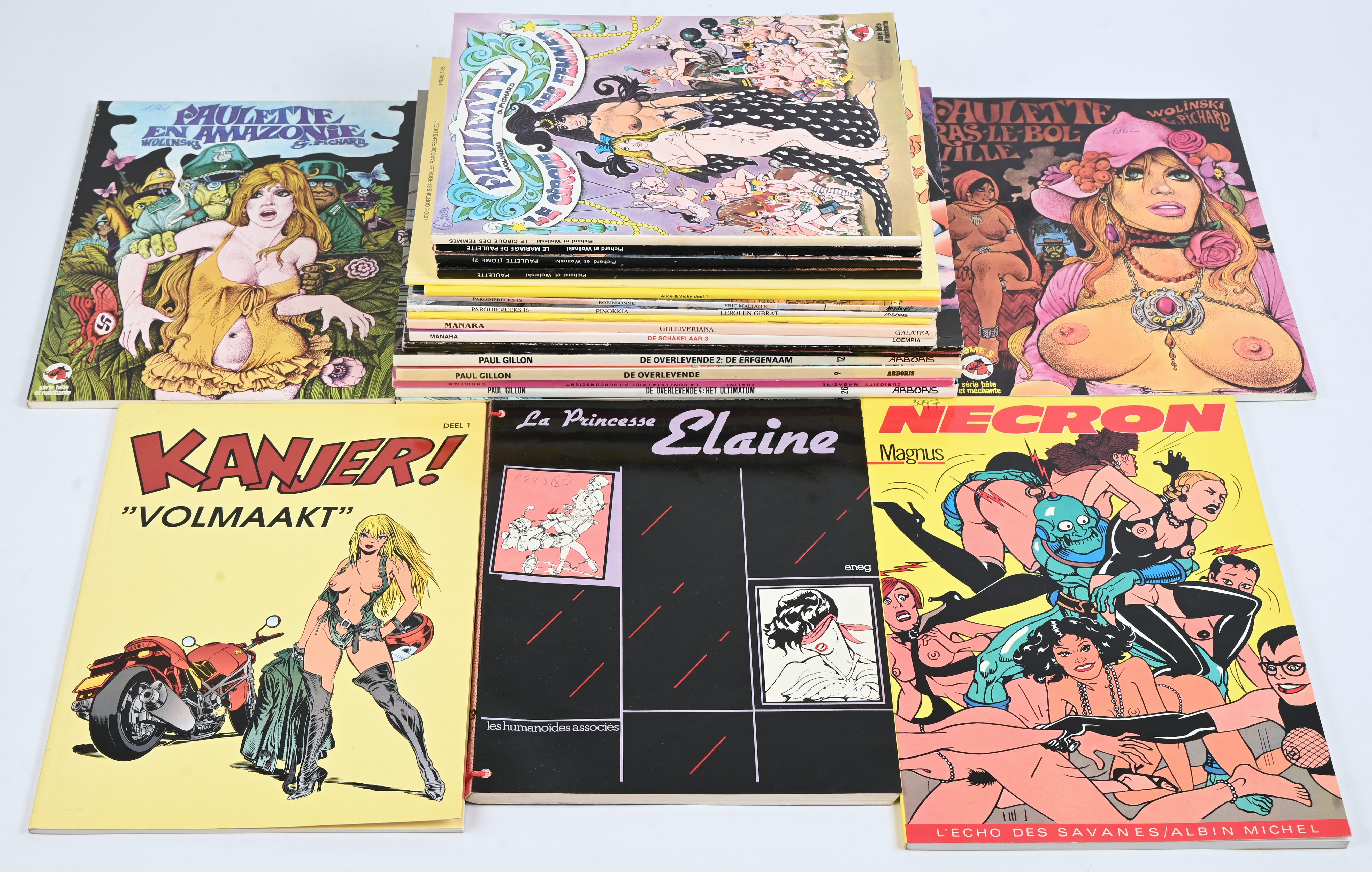 Een partij erotische stripalbums met titels uit de reeksen: ‘Paulette’ (6 Franstalig), ‘Necron’ (1 Franstalig), ‘Paul Gillon’ (4 hardcovers), ‘Phaline’ (1 Franstalig), ‘Le princesse Elaine’ (1 Franstalig), ‘Sneeuwitje en de 7 Dwergen’ (1), ‘Nou, Nou...’ (1), ‘Interesse?’ (1), ‘De Schakelaar’ & ‘Gulliveriana’ (2 titels door Manara), ‘De Speurder’ (1), ‘Pinokkia’ & ‘Robinsonne’ (2 titels uit de parodiereeks), ‘Alice & Vicky’ (1) en ‘Kanjer’ (1). Mogelijk met geschreven markeringen op de kaft Een partij erotische stripalbums met titels uit de reeksen: ‘Paulette’ (6 Franstalig), ‘Necron’ (1 Franstalig), ‘Paul Gillon’ (4 hardcovers), ‘Phaline’ (1 Franstalig), ‘Le princesse Elaine’ (1 Franstalig), ‘Sneeuwitje en de 7 Dwergen’ (1), ‘Nou, Nou...’ (1), ‘Interesse?’ (1), ‘De Schakelaar’ & ‘Gulliveriana’ (2 titels door Manara), ‘De Speurder’ (1), ‘Pinokkia’ & ‘Robinsonne’ (2 titels uit de parodiereeks), ‘Alice & Vicky’ (1) en ‘Kanjer’ (1). Mogelijk met geschreven markeringen op de kaft.