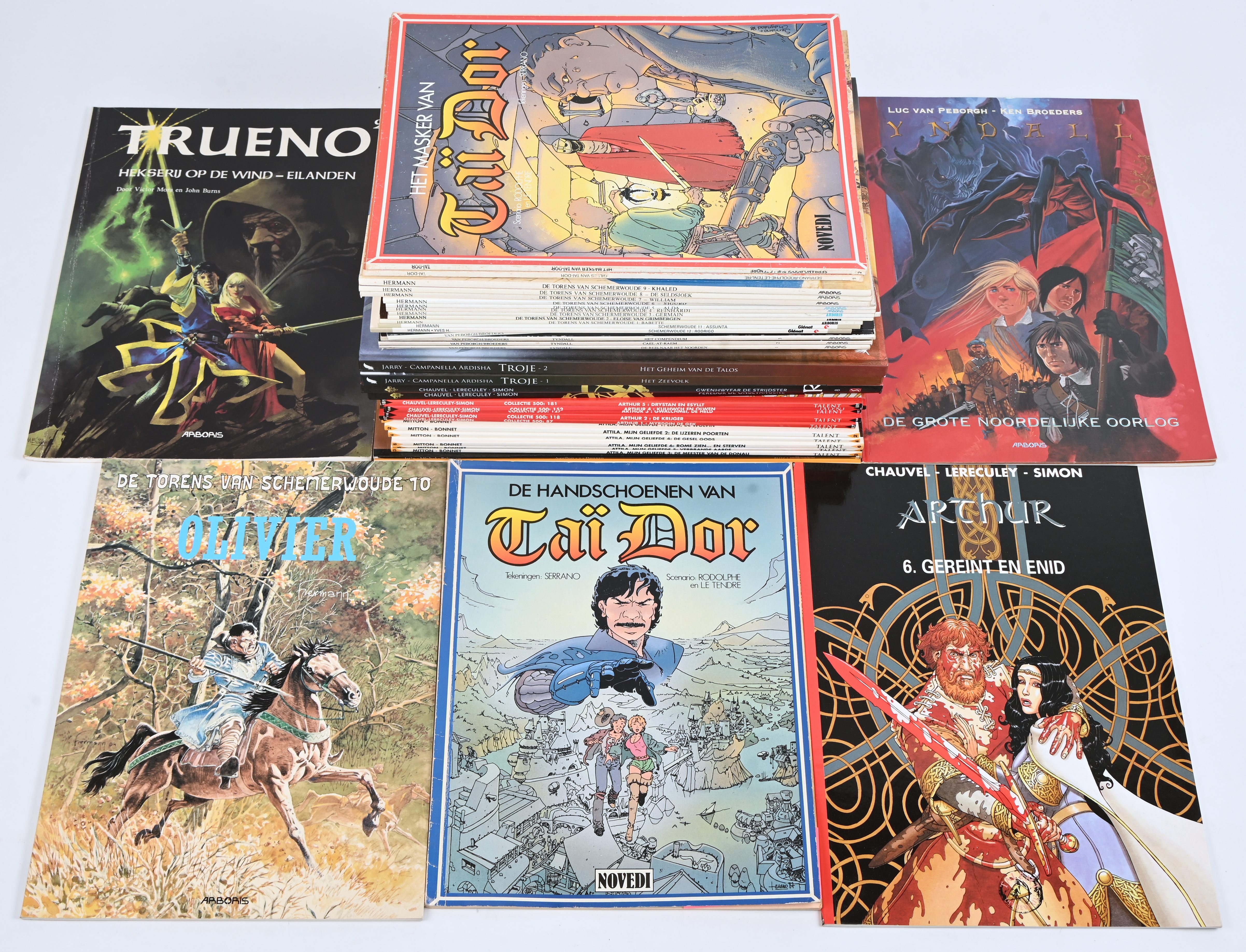 Een partij stripalbums met titels uit de reeksen: ‘Aguirre’ (1), ‘Aquilon’ (1), ‘Atila’ (6), ‘Arthur’ (8 waarvan 2 hardcovers), ‘Troje’ (2 hardcovers), ‘Trueno’ (2), ‘Tyndall’ (5), ‘Schemerwoude’ (12) en ‘Taï Dor’ (2). Mogelijk met geschreven markeringen op de kaft Een partij stripalbums met titels uit de reeksen: ‘Aguirre’ (1), ‘Aquilon’ (1), ‘Atila’ (6), ‘Arthur’ (8 waarvan 2 hardcovers), ‘Troje’ (2 hardcovers), ‘Trueno’ (2), ‘Tyndall’ (5), ‘Schemerwoude’ (12) en ‘Taï Dor’ (2). Mogelijk met geschreven markeringen op de kaft.