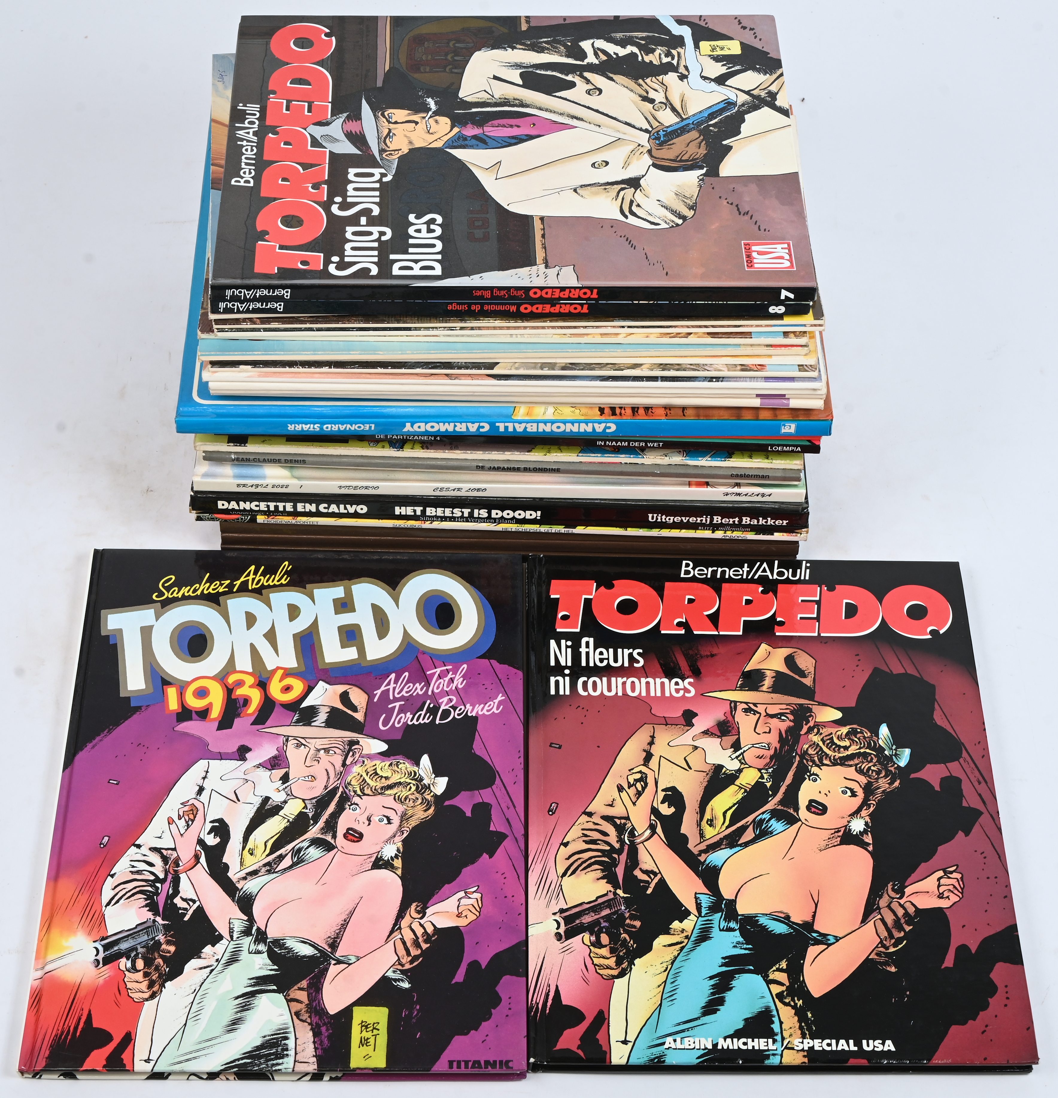 Een partij stripalbums met titels uit de reeksen: ‘Stripdossier’ (3 hardcovers), ‘Succubus’ (1), ‘Slhoka’ (1), ‘Het Beest is Dood’ (1 hardcover), ‘Brazil 2022’ (1 hardcover), ‘Een Avontuur Zonder Helden’ (1), ‘Avontuur te Sarajevo’ (1), ‘Luc Leroi’ (1), ‘Michel & Dick’ (1), Paul Panter’ (1), ‘Grijpstra en de Gier’ (1), ‘Magnus’ (1), ‘Havank’s’ (1), ‘Laonard Star’ (1 hardcover), ‘Archie Cash’ (12) en ‘Torpedo’ (4 hardcovers). Mogelijk met geschreven markeringen op de kaft Een partij stripalbums met titels uit de reeksen: ‘Stripdossier’ (3 hardcovers), ‘Succubus’ (1), ‘Slhoka’ (1), ‘Het Beest is Dood’ (1 hardcover), ‘Brazil 2022’ (1 hardcover), ‘Een Avontuur Zonder Helden’ (1), ‘Avontuur te Sarajevo’ (1), ‘Luc Leroi’ (1), ‘Michel & Dick’ (1), Paul Panter’ (1), ‘Grijpstra en de Gier’ (1), ‘Magnus’ (1), ‘Havank’s’ (1), ‘Laonard Star’ (1 hardcover), ‘Archie Cash’ (12) en ‘Torpedo’ (4 hardcovers). Mogelijk met geschreven markeringen op de kaft.