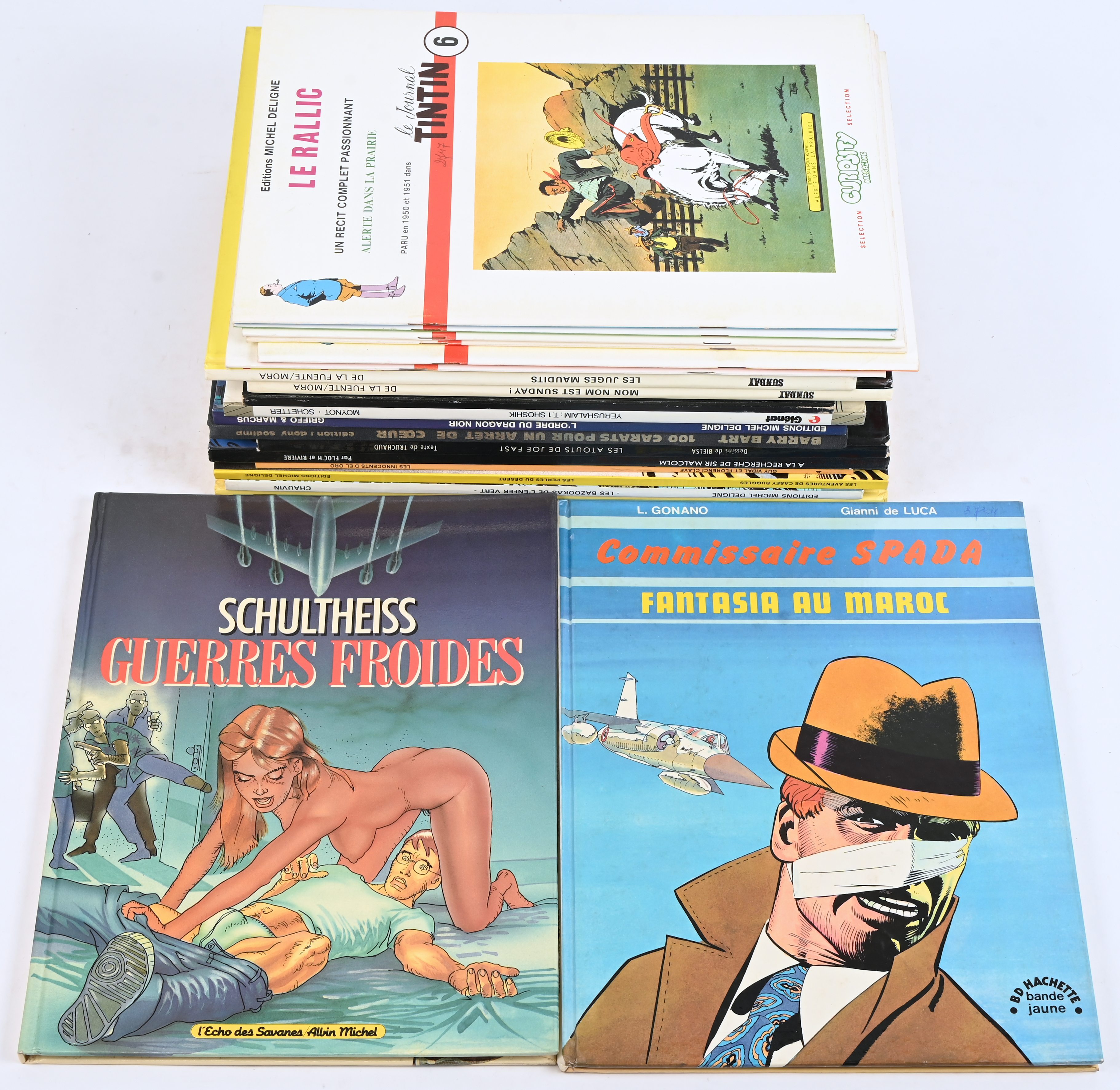 Een partij Franstalige stripalbums, grotendeels hardcover, met titels uit de reeksen: ‘Le Rallic’ (6), ‘Sunday’ (2), ‘Bois Willys’ (Bob Brouwning’ (1), ‘Casey Buggles’ (1), ‘Les Innocents d’el Oro’ (1), ‘A la Recherche de Sir Malcolm’ (1), ‘Joe Fast’ (1), ‘Barry Bart’ (1), ‘Bob Wilson’ (1), ‘Sahara’ (1), ‘Guerres Froides’ (1), ‘Spada’ (1) en ‘Yerushalïm’ (1). Mogelijk met geschreven markeringen op de kaft Een partij Franstalige stripalbums, grotendeels hardcover, met titels uit de reeksen: ‘Le Rallic’ (6), ‘Sunday’ (2), ‘Bois Willys’ (Bob Brouwning’ (1), ‘Casey Buggles’ (1), ‘Les Innocents d’el Oro’ (1), ‘A la Recherche de Sir Malcolm’ (1), ‘Joe Fast’ (1), ‘Barry Bart’ (1), ‘Bob Wilson’ (1), ‘Sahara’ (1), ‘Guerres Froides’ (1), ‘Spada’ (1) en ‘Yerushalïm’ (1). Mogelijk met geschreven markeringen op de kaft.