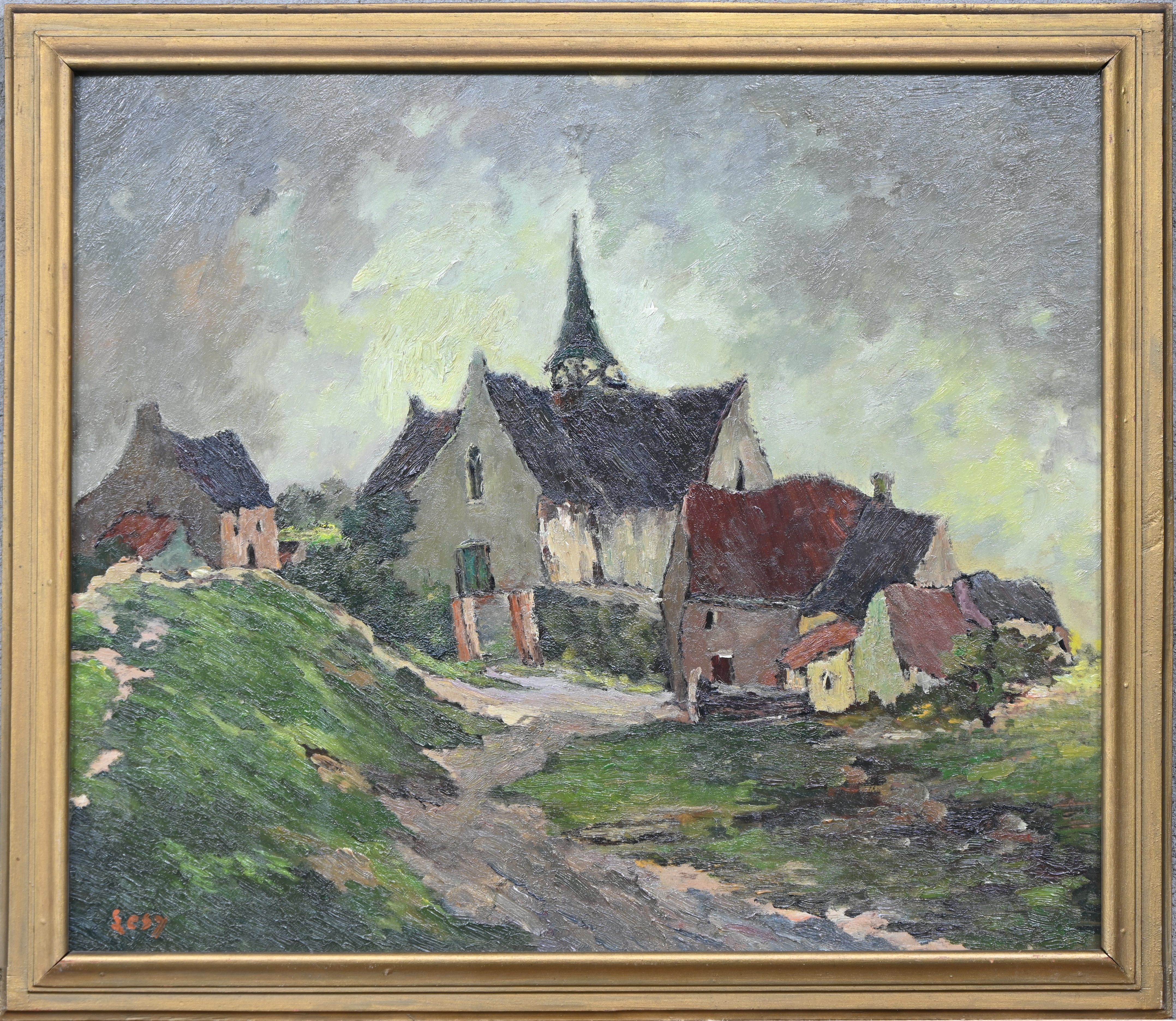 “Dorpzicht Vlassenbroek”. Olieverf op paneel. Gesigneerd “Dorpzicht Vlassenbroek”. Olieverf op paneel. Gesigneerd.
