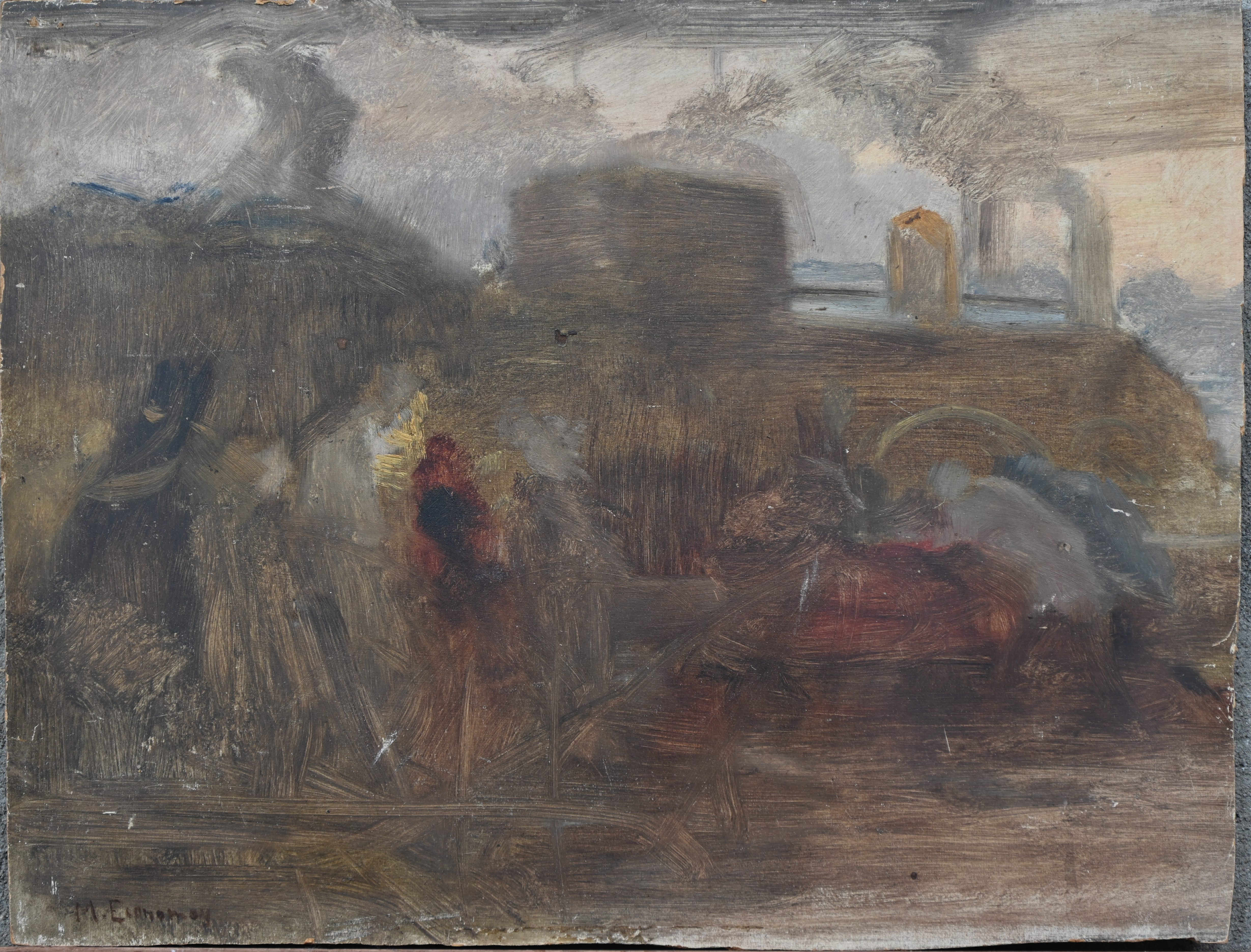 ‘Impressionistisch landschap met personages’, een olieverfstudie op paneel. Draagt de niet geverifieerde handtekening ‘M. Economoe’, met achteraann een verwijzing naar dezelfde kunstenaar ‘Impressionistisch landschap met personages’, een olieverfstudie op paneel. Draagt de niet geverifieerde handtekening ‘M. Economoe’, met achteraann een verwijzing naar dezelfde kunstenaar.