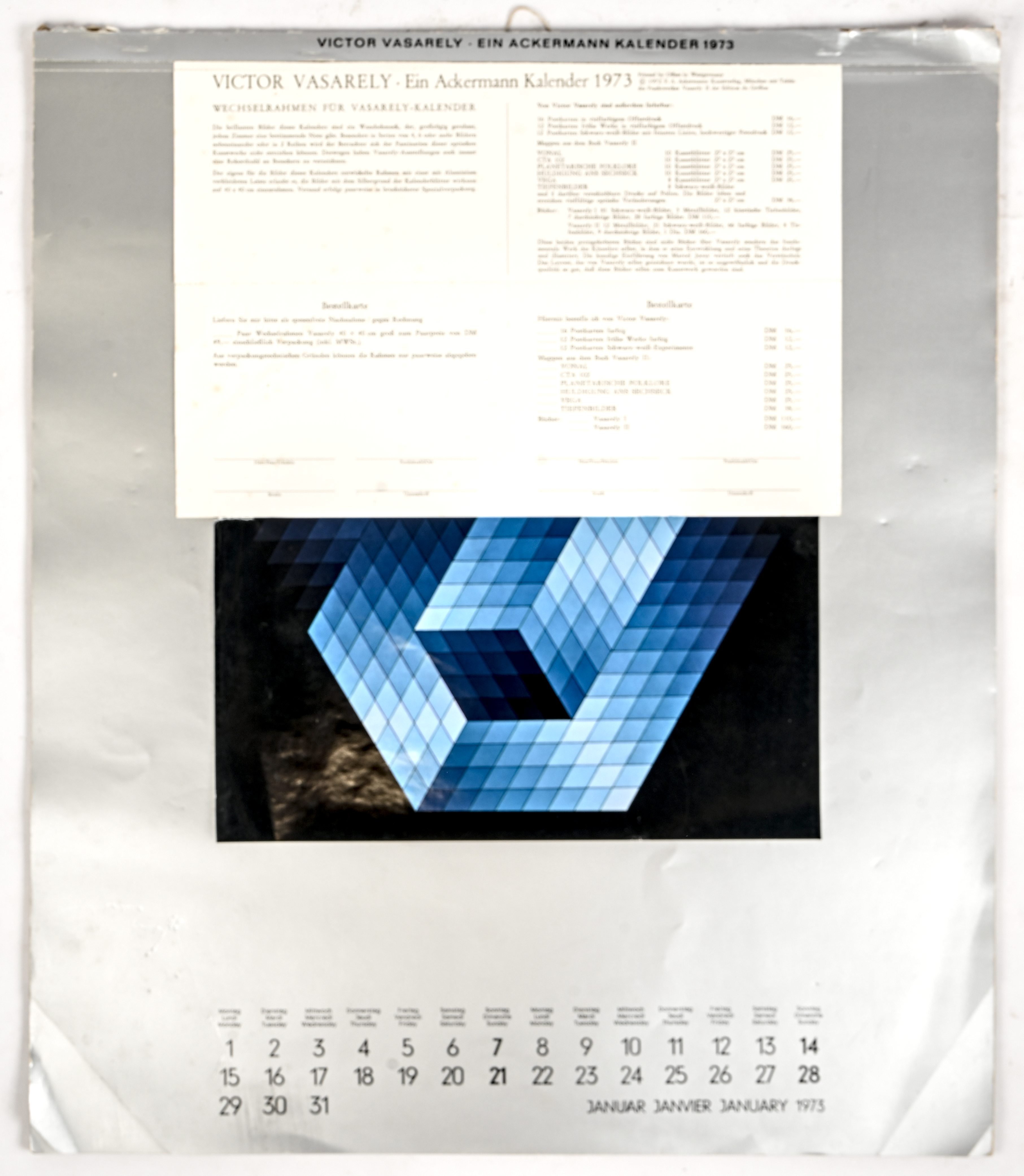 Een kalender van 1973, met reproducties naar het werk van Victor Vasarely. Uitgegeven door Ackermann Kunstverlag Een kalender van 1973, met reproducties naar het werk van Victor Vasarely. Uitgegeven door Ackermann Kunstverlag.