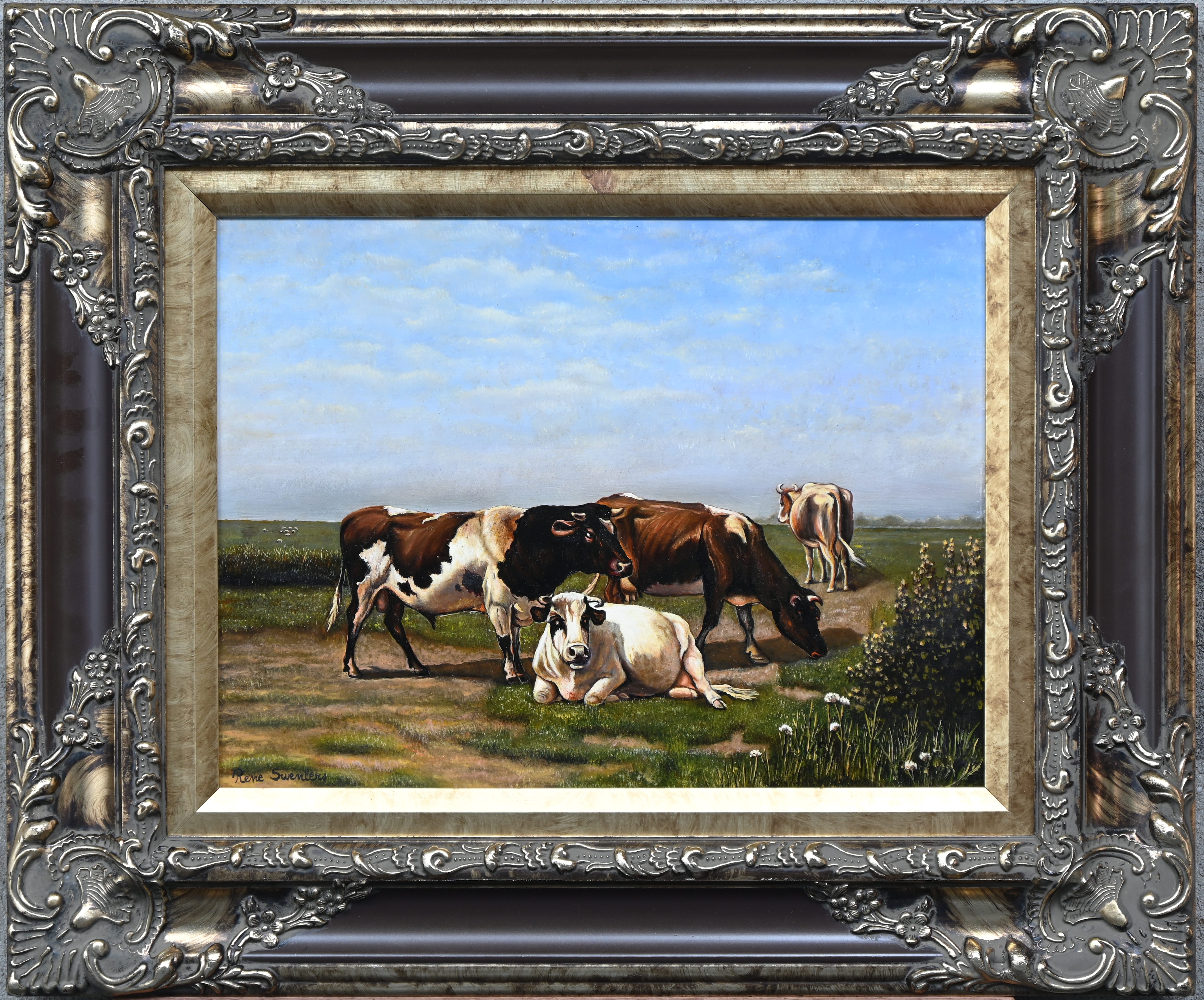 ‘Landschap met runderen’, een olieverfschilderij op paneel in de geest van de 19e eeuw. Gesigneerd ‘Landschap met runderen’, een olieverfschilderij op paneel in de geest van de 19e eeuw. Gesigneerd.