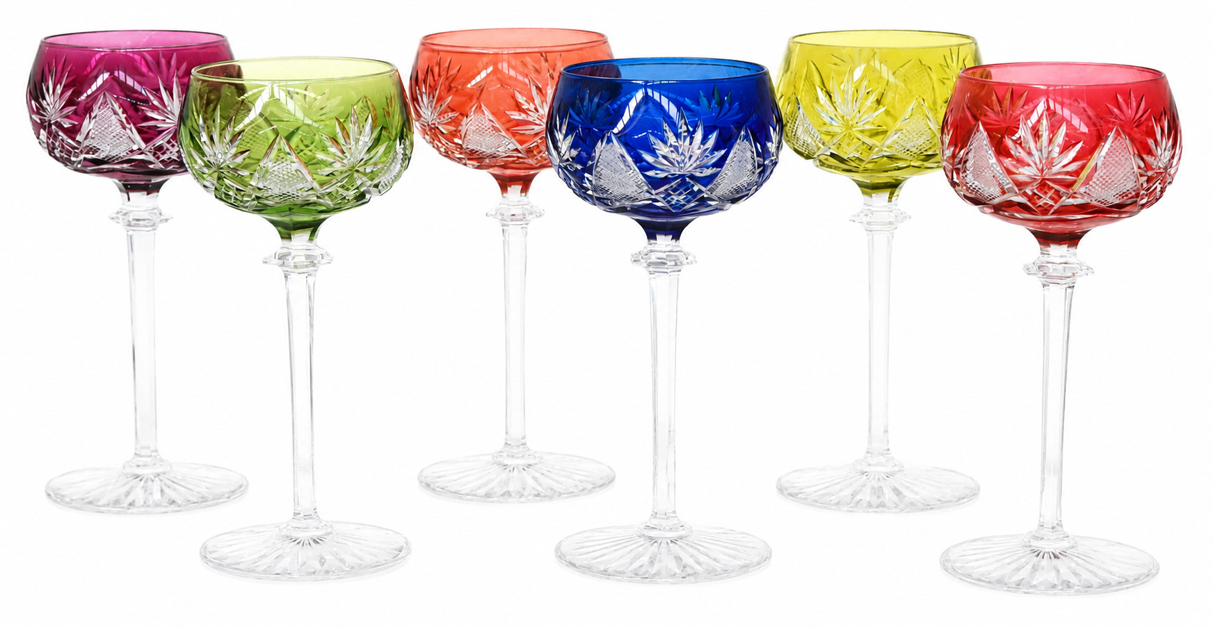 Een set van zes gekleurde kristallen glazen, Val St.Lambert Een set van zes gekleurde kristallen glazen, Val St.Lambert.