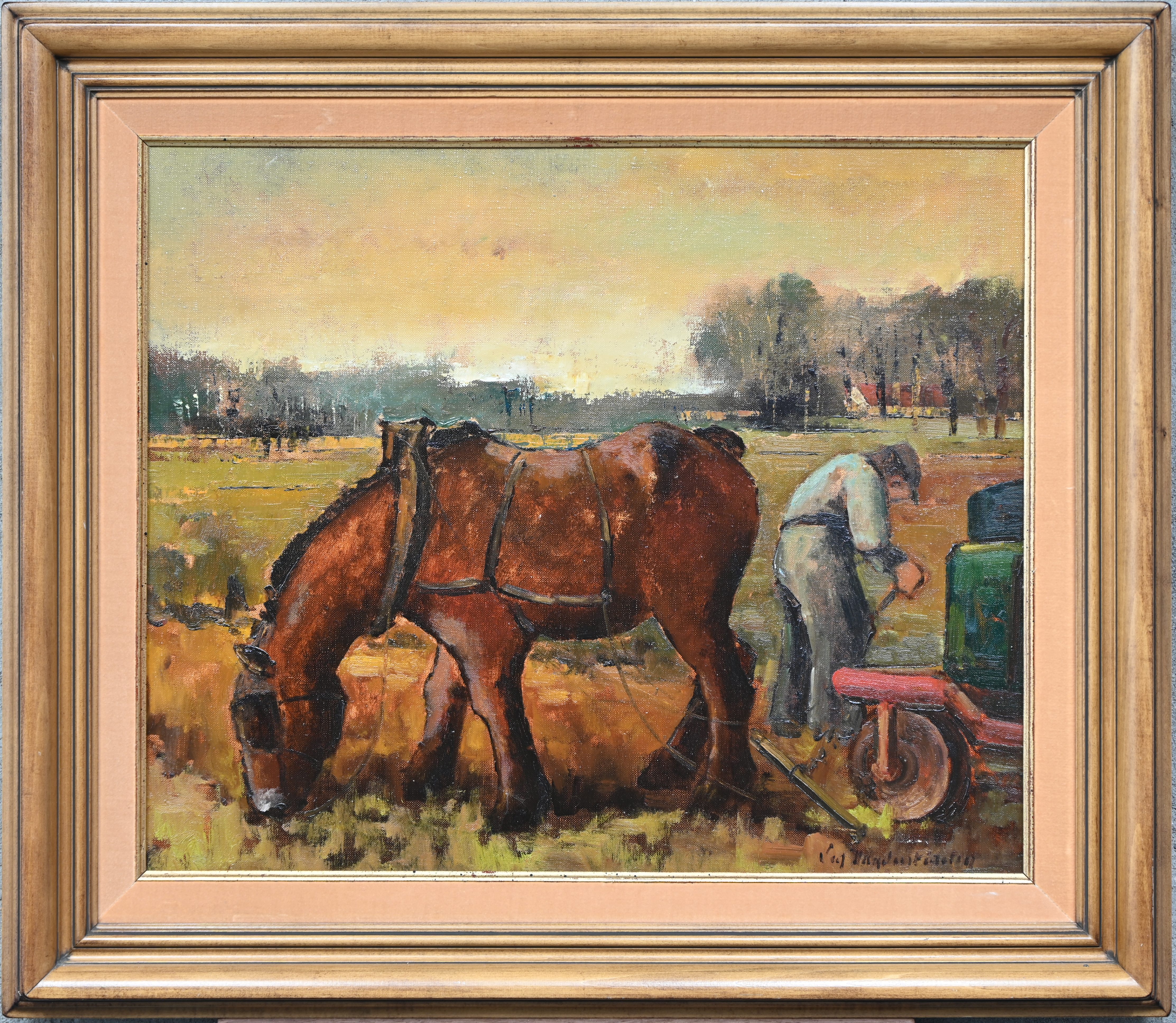 ‘Landschap met boerenpaard’, een olieverfschilderij op doek. Latemse school, gesigneerd ‘Landschap met boerenpaard’, een olieverfschilderij op doek. Latemse school, gesigneerd.