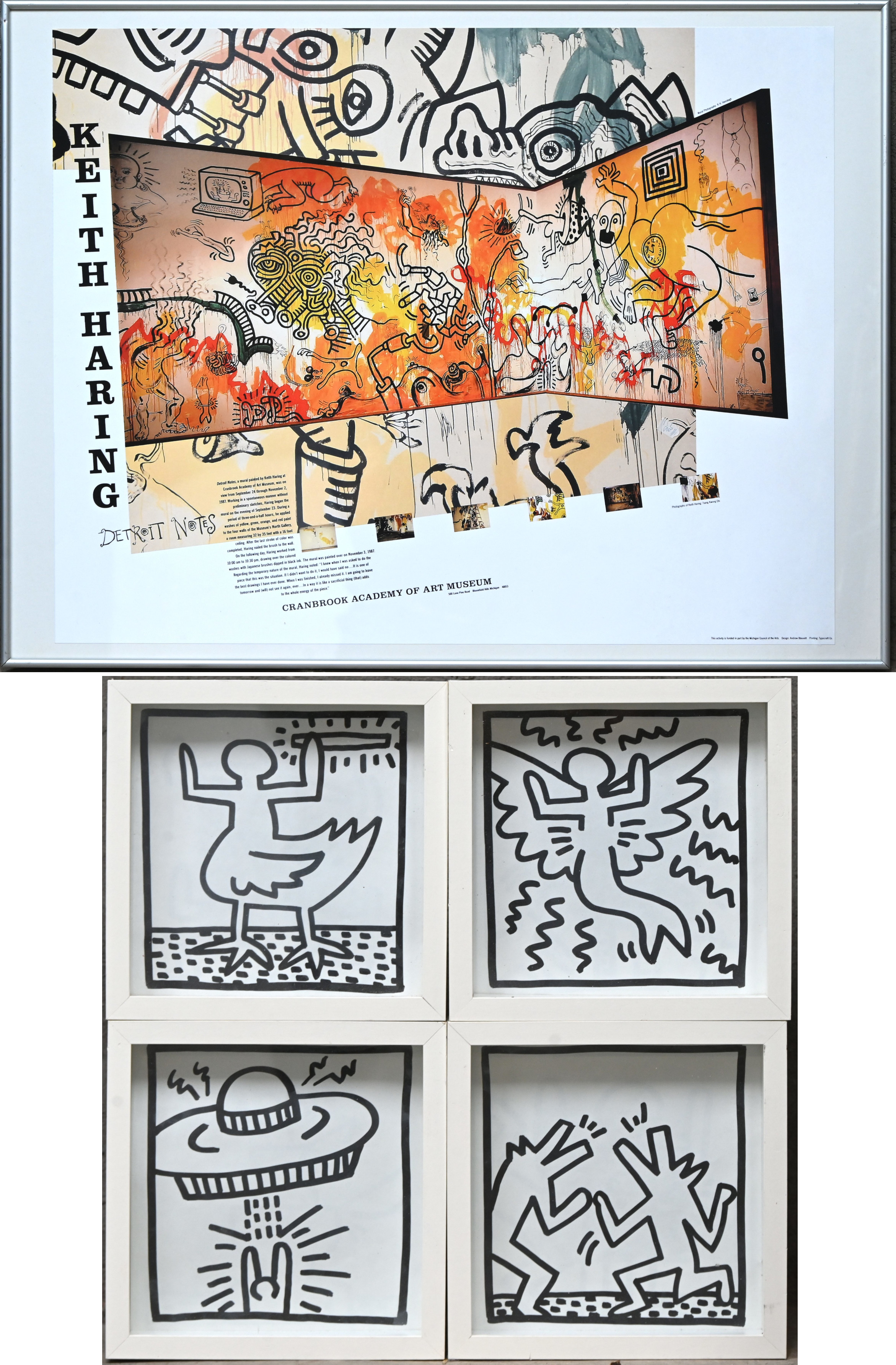 Vijf kaders bestaande uit een poster van de tentoonstelling van de kunstenaar in het Cranbrook academy of art museum en 4 ingekaderde dubbele prenten uit het Keith Haring coloring book Vijf kaders bestaande uit een poster van de tentoonstelling van de kunstenaar in het Cranbrook academy of art museum en 4 ingekaderde dubbele prenten uit het Keith Haring coloring book.