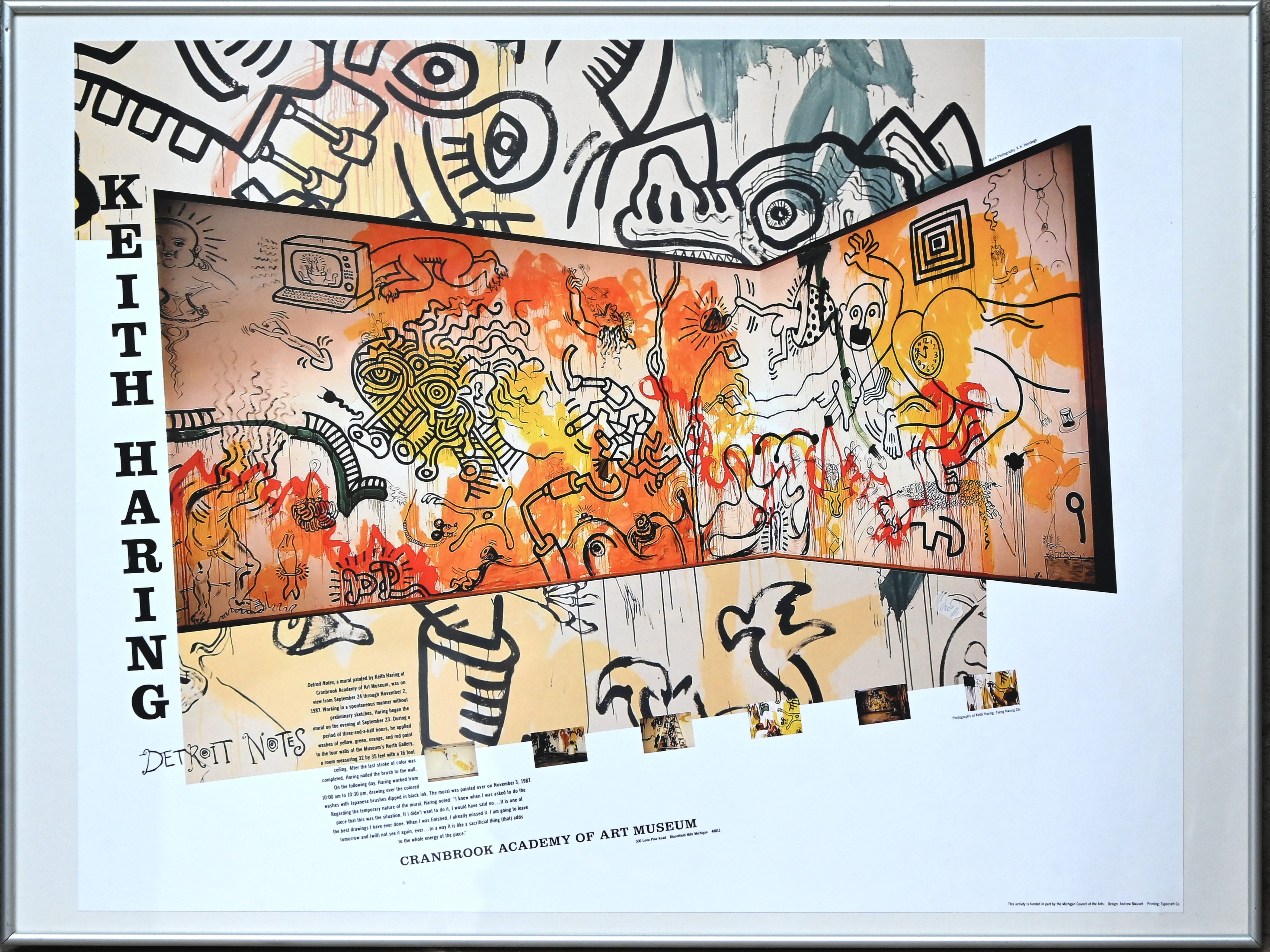 Vijf kaders bestaande uit een poster van de tentoonstelling van de kunstenaar in het Cranbrook academy of art museum en 4 ingekaderde dubbele prenten uit het Keith Haring coloring book Vijf kaders bestaande uit een poster van de tentoonstelling van de kunstenaar in het Cranbrook academy of art museum en 4 ingekaderde dubbele prenten uit het Keith Haring coloring book.