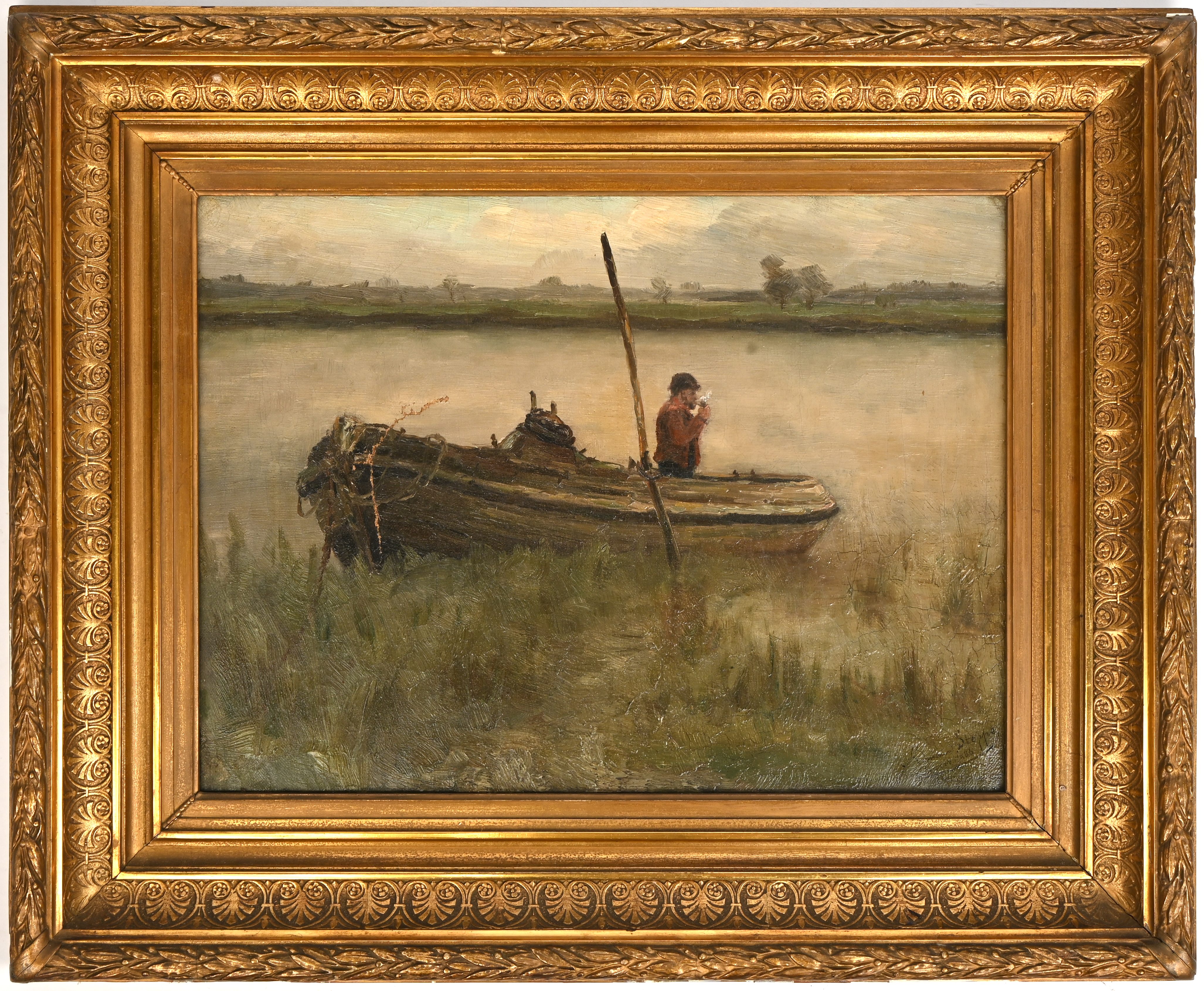 “Rokende man in sloep”, een schilderij, olieverf op doek in vergulde kader, gesigneerd en gedateerd 1886. Scheur in het doek/te restaureren “Rokende man in sloep”, een schilderij, olieverf op doek in vergulde kader, gesigneerd en gedateerd 1886. Scheur in het doek/te restaureren.