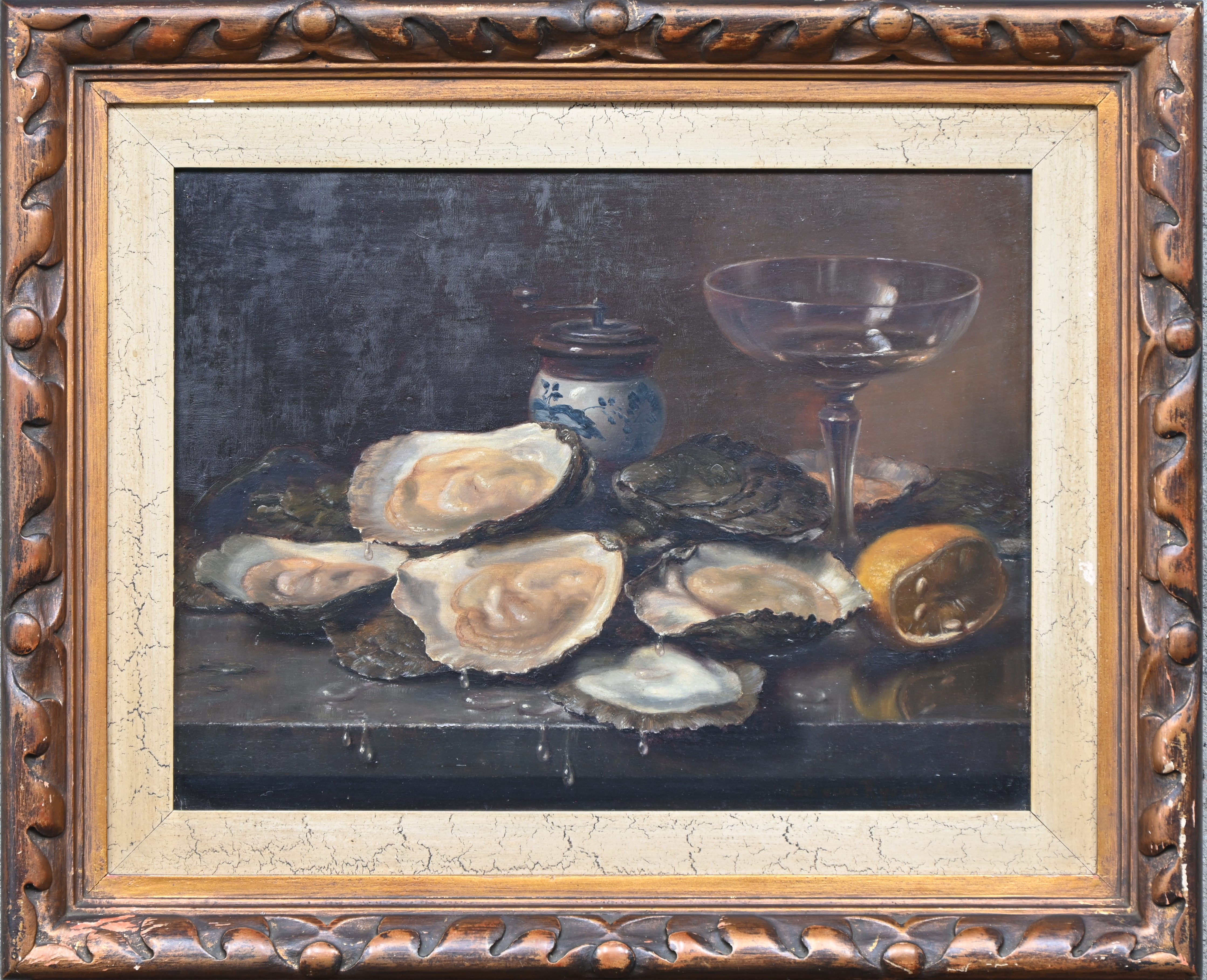 “Stilleven met oesters”, een stilleven, olieverf op paneel, gesigneerd 1 “Stilleven met oesters”, een stilleven, olieverf op paneel, gesigneerd