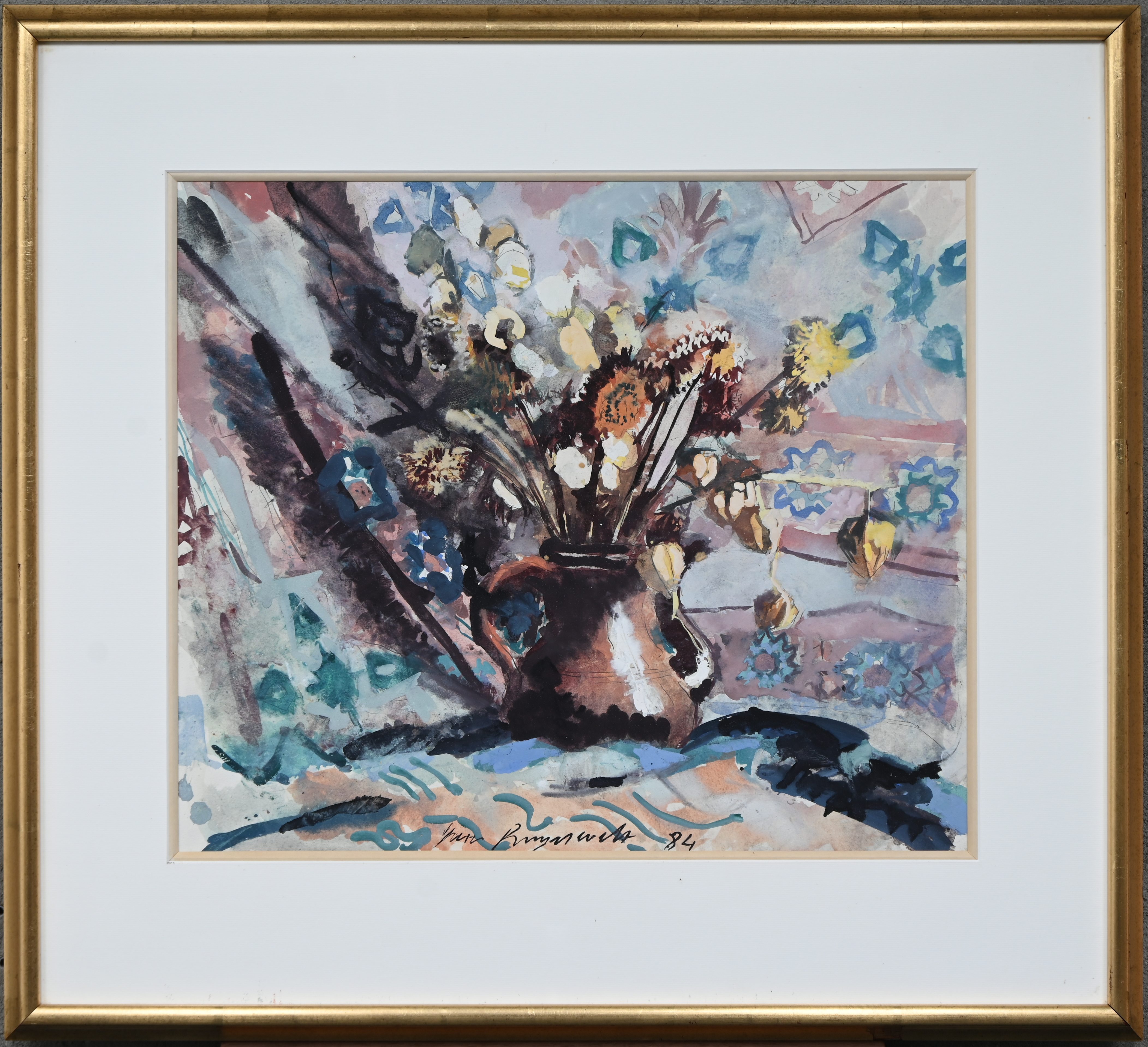 “Bloemstilleven in kruik.” Aquarel op papier (gemengde techniek). Gesigneerd. Gedateerd ‘84 “Bloemstilleven in kruik.” Aquarel op papier (gemengde techniek). Gesigneerd. Gedateerd ‘84.
