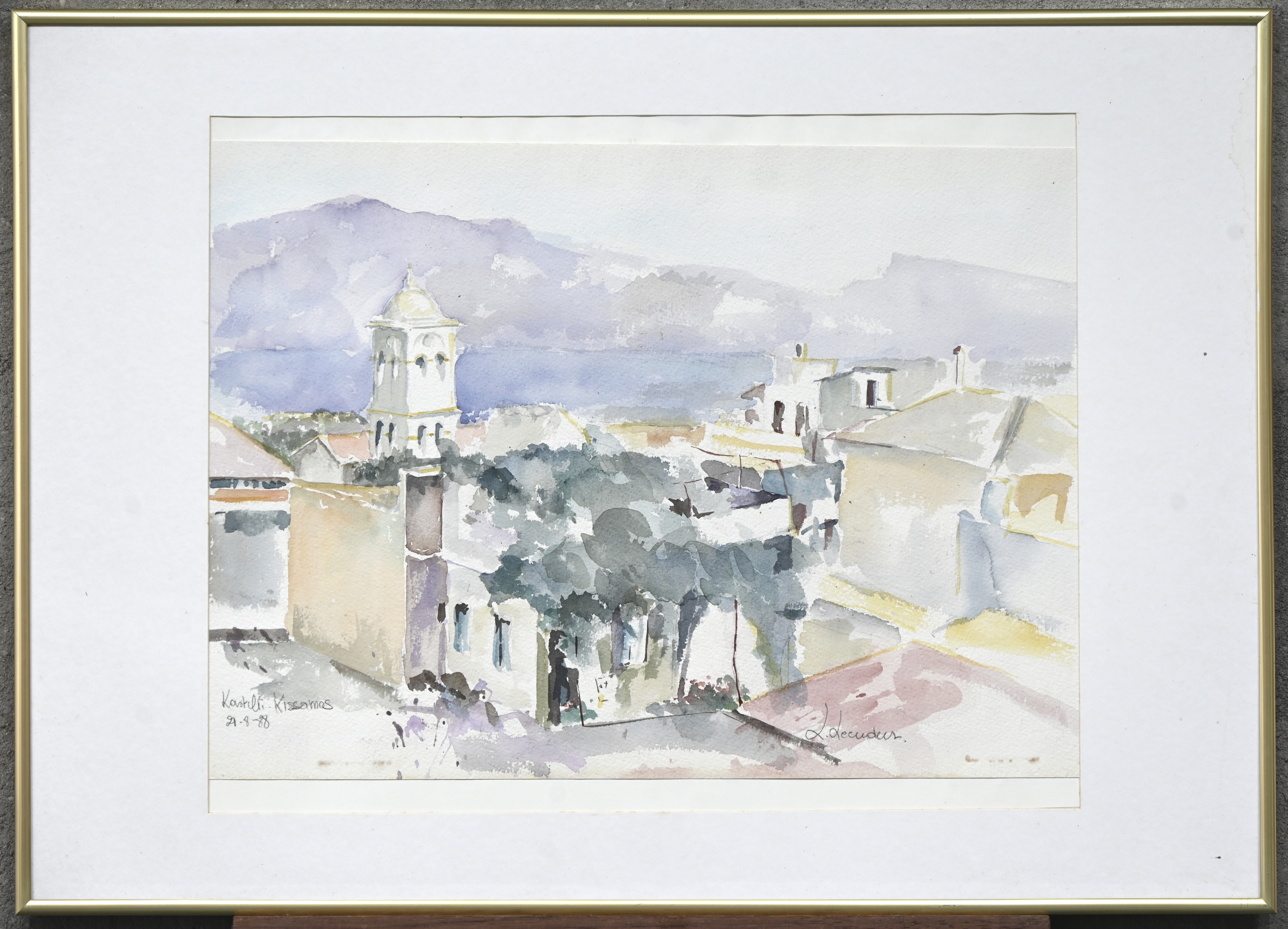 ‘Kastelli-Kissamos’. Aquarel in frisse tonen. Getekend L. Leenders ‘Kastelli-Kissamos’. Aquarel in frisse tonen. Getekend L. Leenders.