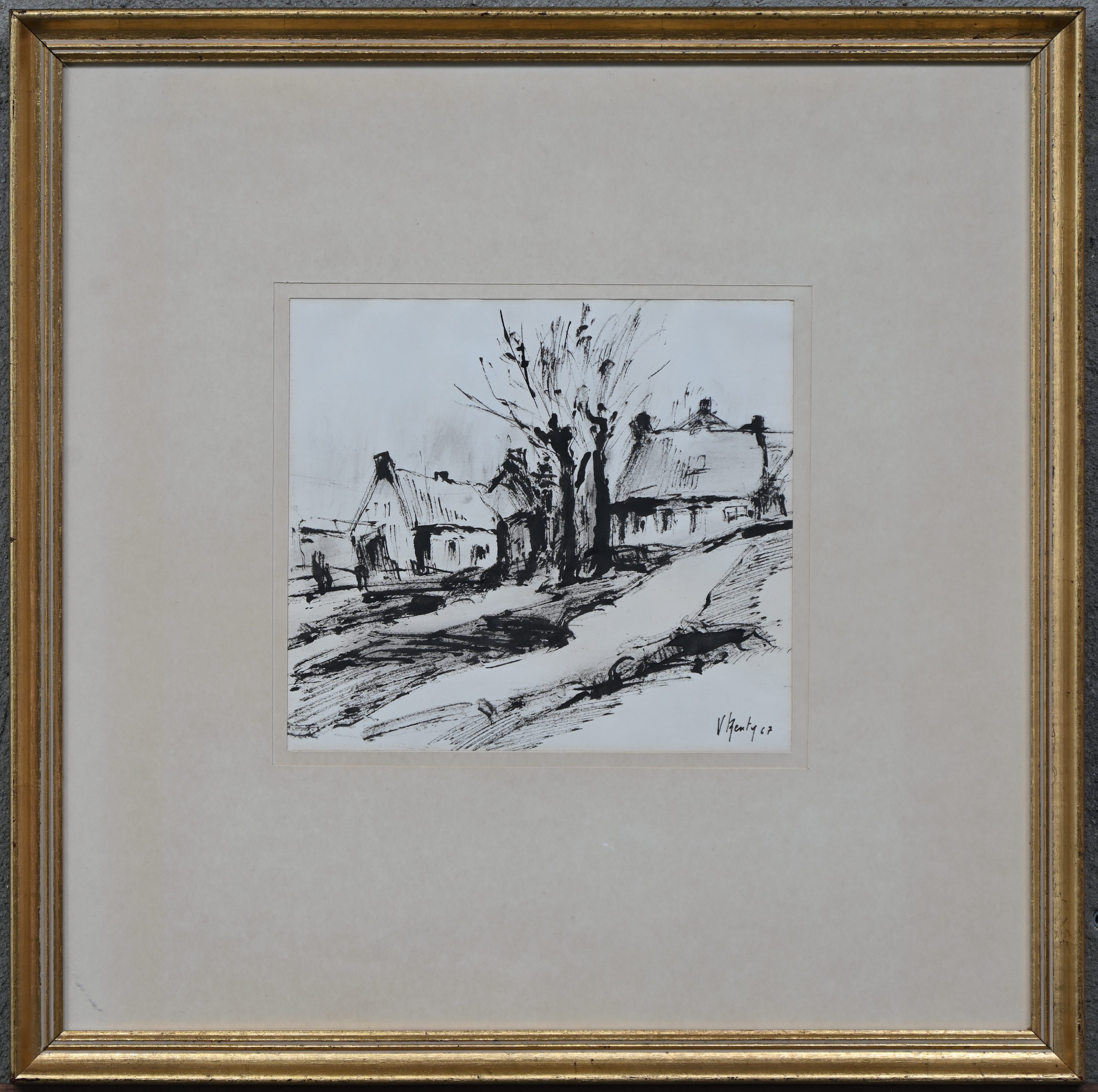 ‘Boerderij met knotwilgen’, inkttekening op papier. Getekend V. Renty ‘Boerderij met knotwilgen’, inkttekening op papier. Getekend V. Renty.