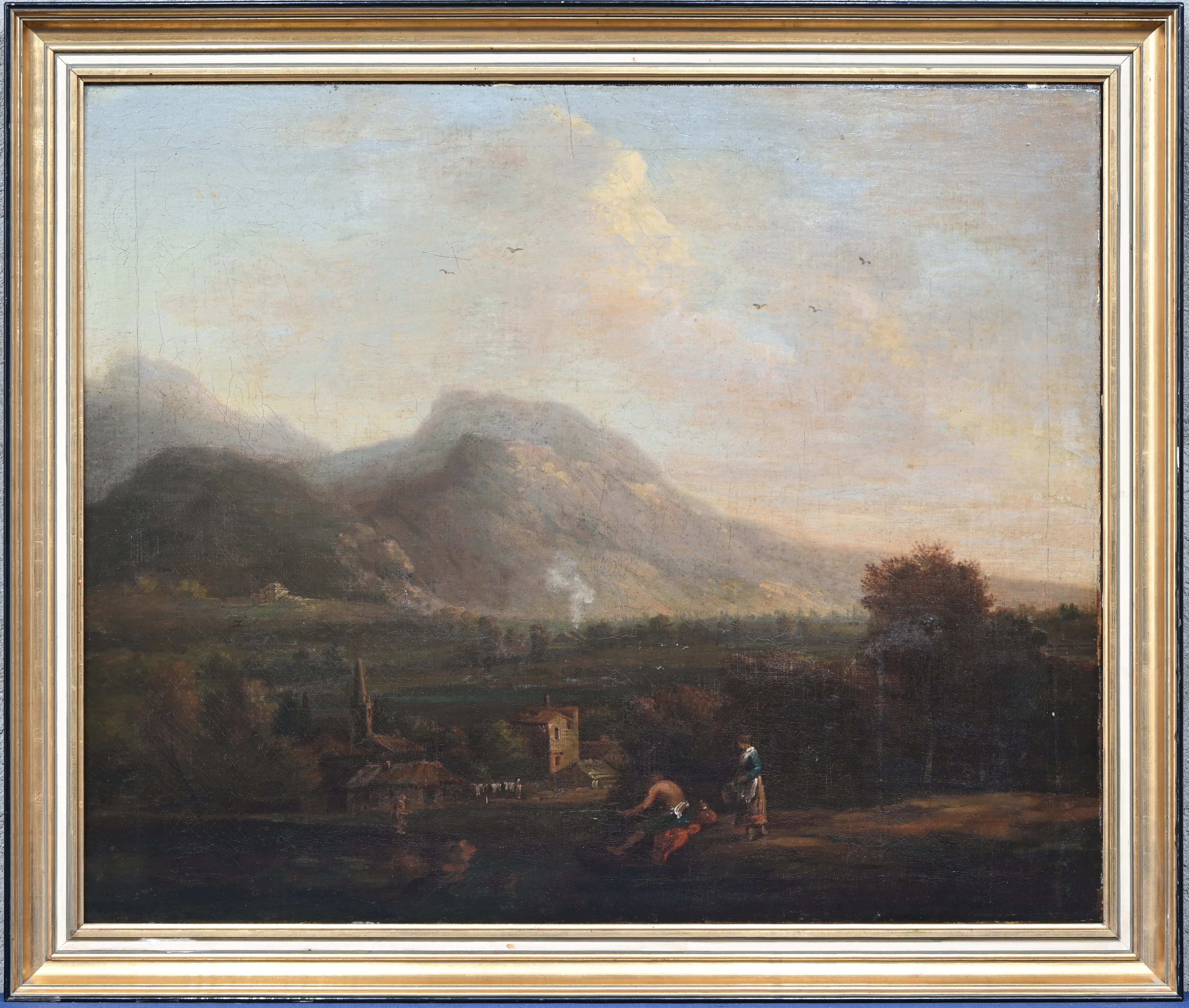 ‘Berglandschap met personages’, een 19e eeuws olieverfschilderij op doek. In de stijl van de Italiaanse school. Niet gesigneerd ‘Berglandschap met personages’, een 19e eeuws olieverfschilderij op doek. In de stijl van de Italiaanse school. Niet gesigneerd.