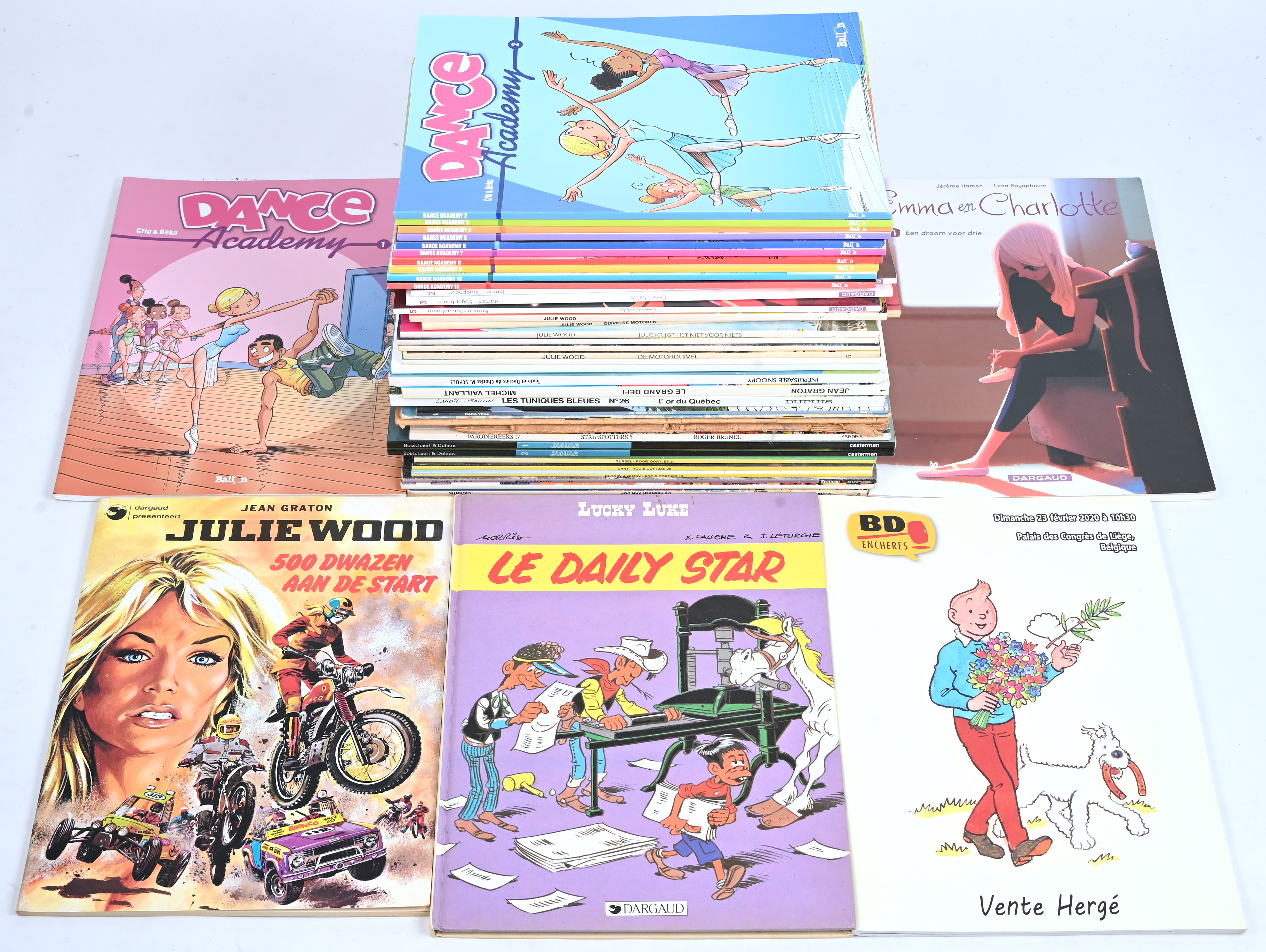 Een gevarieerd lot stripalbums met titels uit de reeksen: ‘Julie Wood’ (8), ‘Emma & Charlotte’ (4), ‘Dance Academy’ (1-11), e.a. Toegevoegd enkele Franstalige hardcovers Een gevarieerd lot stripalbums met titels uit de reeksen: ‘Julie Wood’ (8), ‘Emma & Charlotte’ (4), ‘Dance Academy’ (1-11), e.a. Toegevoegd enkele Franstalige hardcovers.