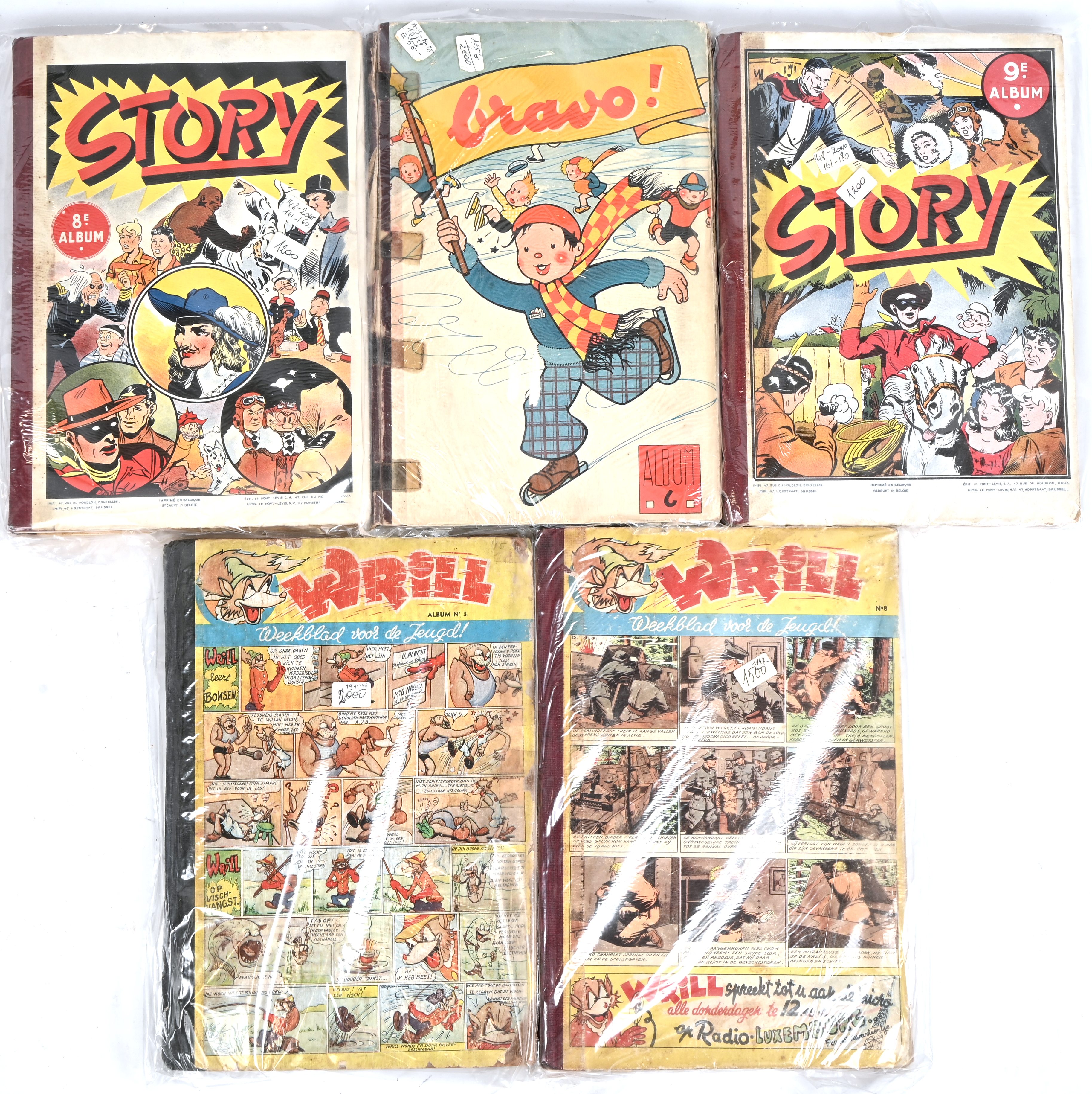 5 albums met gebonden tijdschriften. Wrill, Nrs 3 (1946) en 8 (1947). Bravo! Nr 6 (1946). Story, Nrs 8 (1948) en 9 (1949). HC, redelijke tot goede staat 5 albums met gebonden tijdschriften. Wrill, Nrs 3 (1946) en 8 (1947). Bravo! Nr 6 (1946). Story, Nrs 8 (1948) en 9 (1949). HC, redelijke tot goede staat.