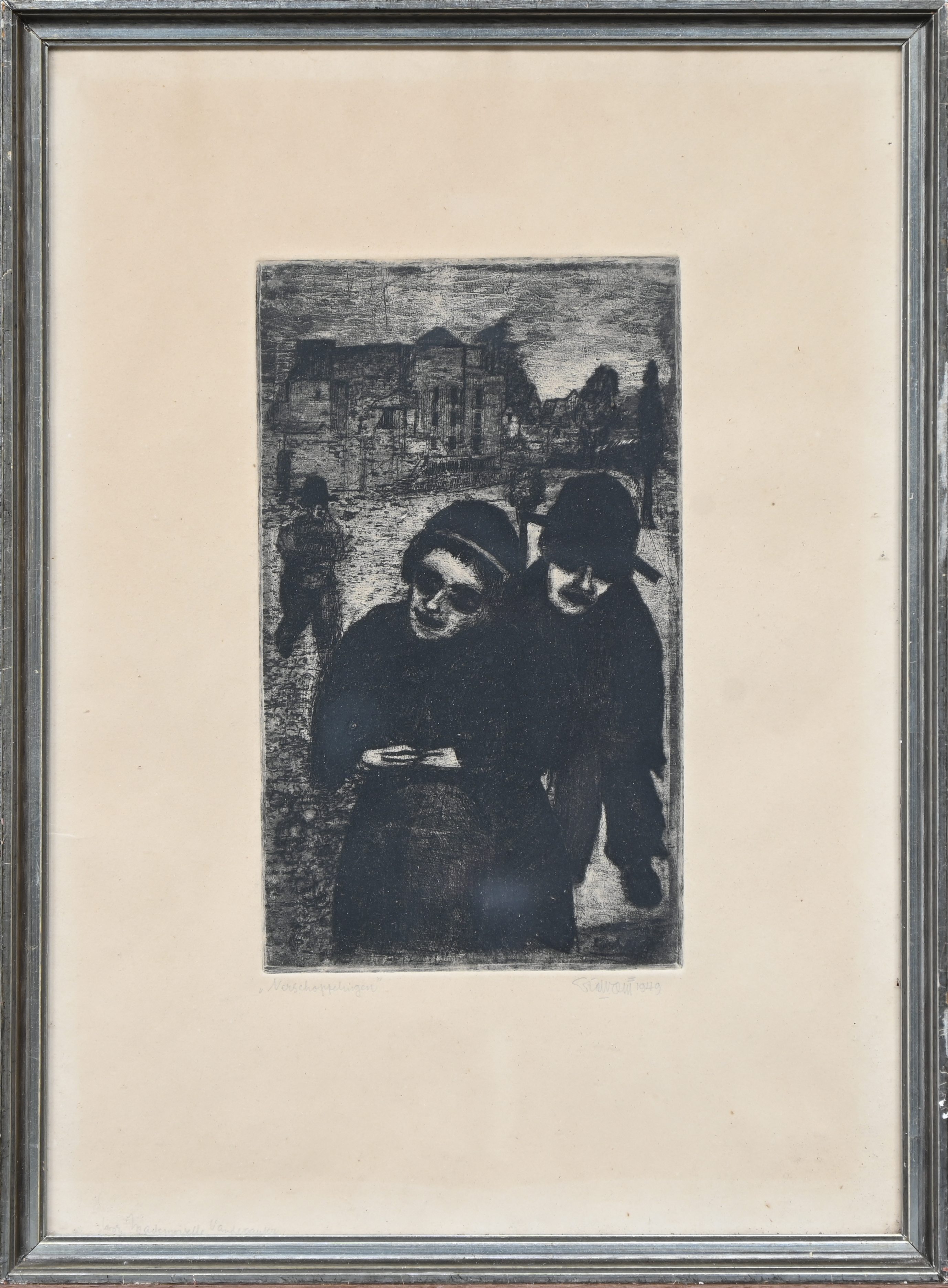 ‘De Verschoppelingen’, een ets/aquatint. Gesigneerd en gedateerd 1949 ‘De Verschoppelingen’, een ets/aquatint. Gesigneerd en gedateerd 1949.
