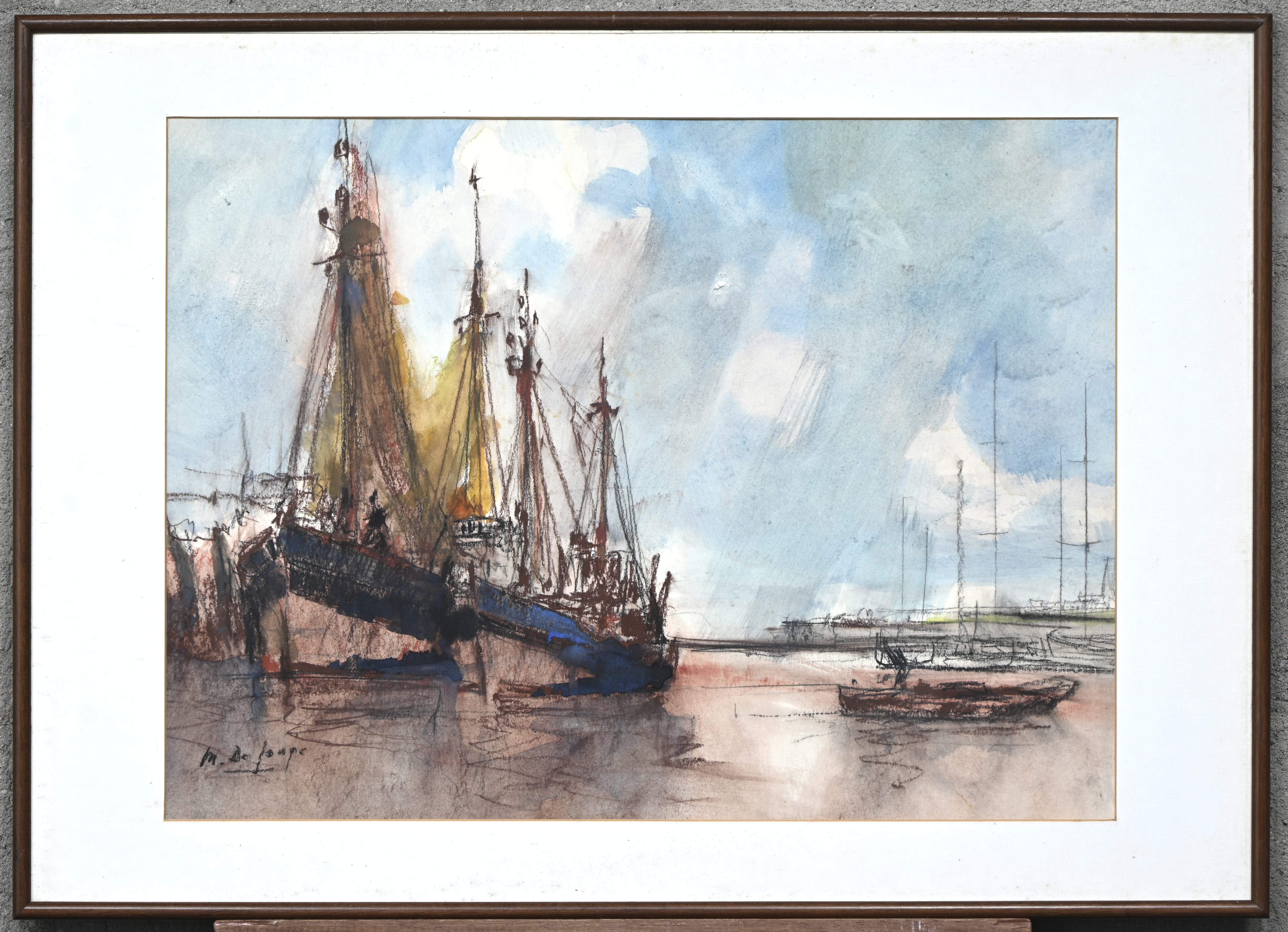 “Havenzicht”, gemengde techniek op papier, gesigneerd “Havenzicht”, gemengde techniek op papier, gesigneerd.