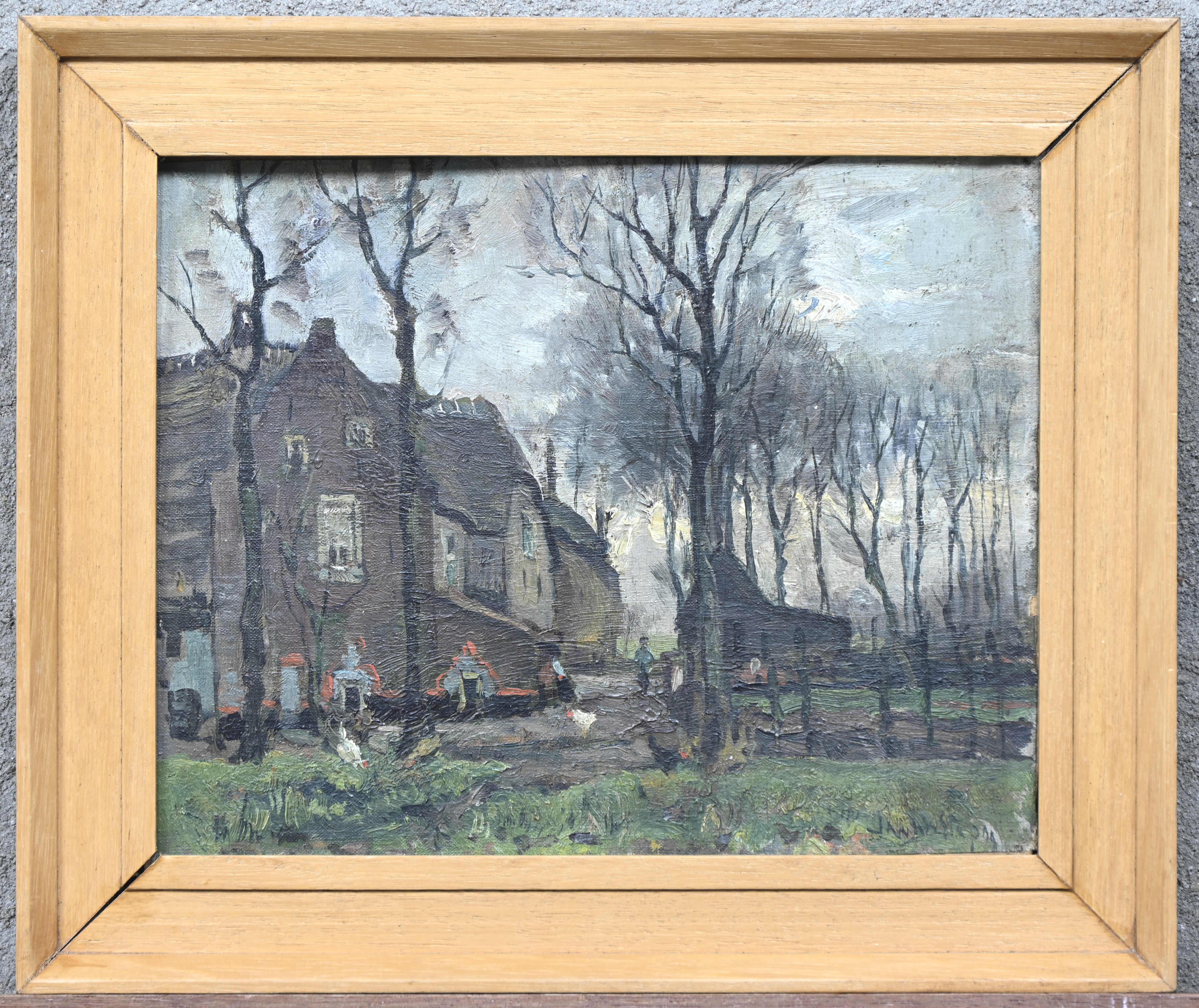 ‘Herfstlandschap met hoeve’, een olieverfschilderij op karton. Gesigneerd ‘Herfstlandschap met hoeve’, een olieverfschilderij op karton. Gesigneerd.