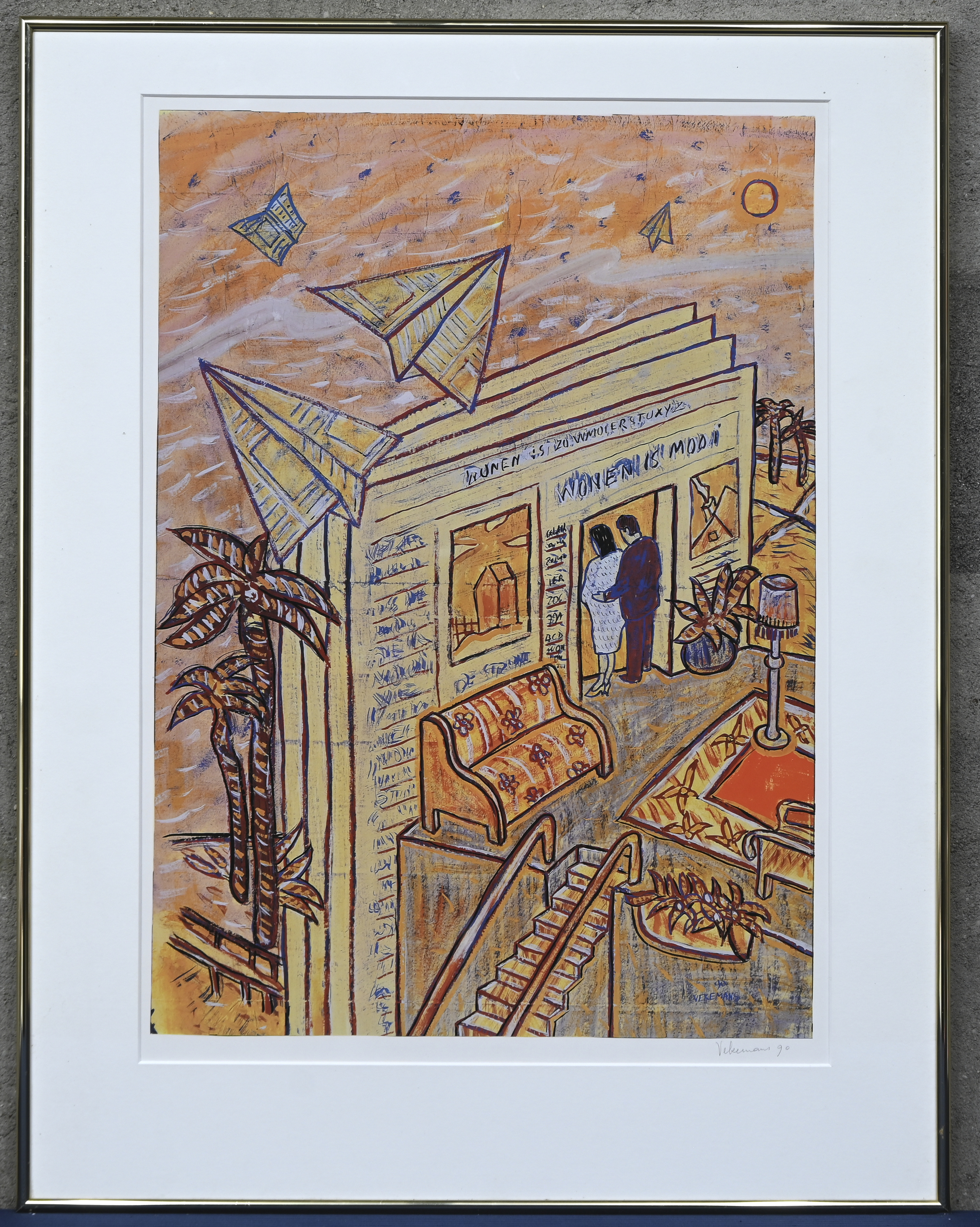 ‘Wonen is mooi’, een offset-litho. Gesigneerd binnen en buiten de plaat, ‘Vekemans 90’ ‘Wonen is mooi’, een offset-litho. Gesigneerd binnen en buiten de plaat, ‘Vekemans 90’.