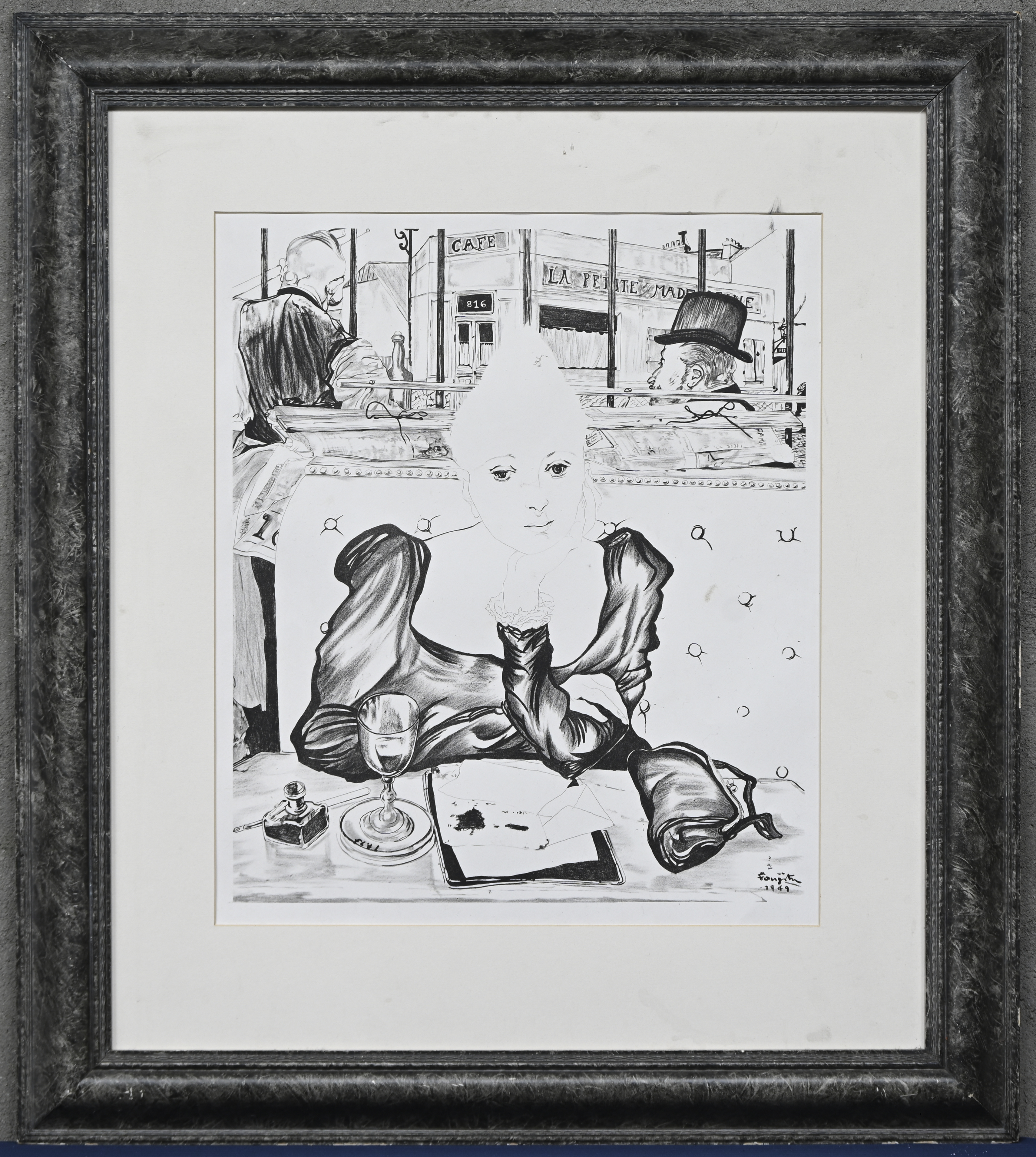 ‘Au Café’, een monochrome litho naar het werk van Leonard Tsuguharu Foujita. Gesigneerd binnen de plaat ‘Au Café’, een monochrome litho naar het werk van Leonard Tsuguharu Foujita. Gesigneerd binnen de plaat.