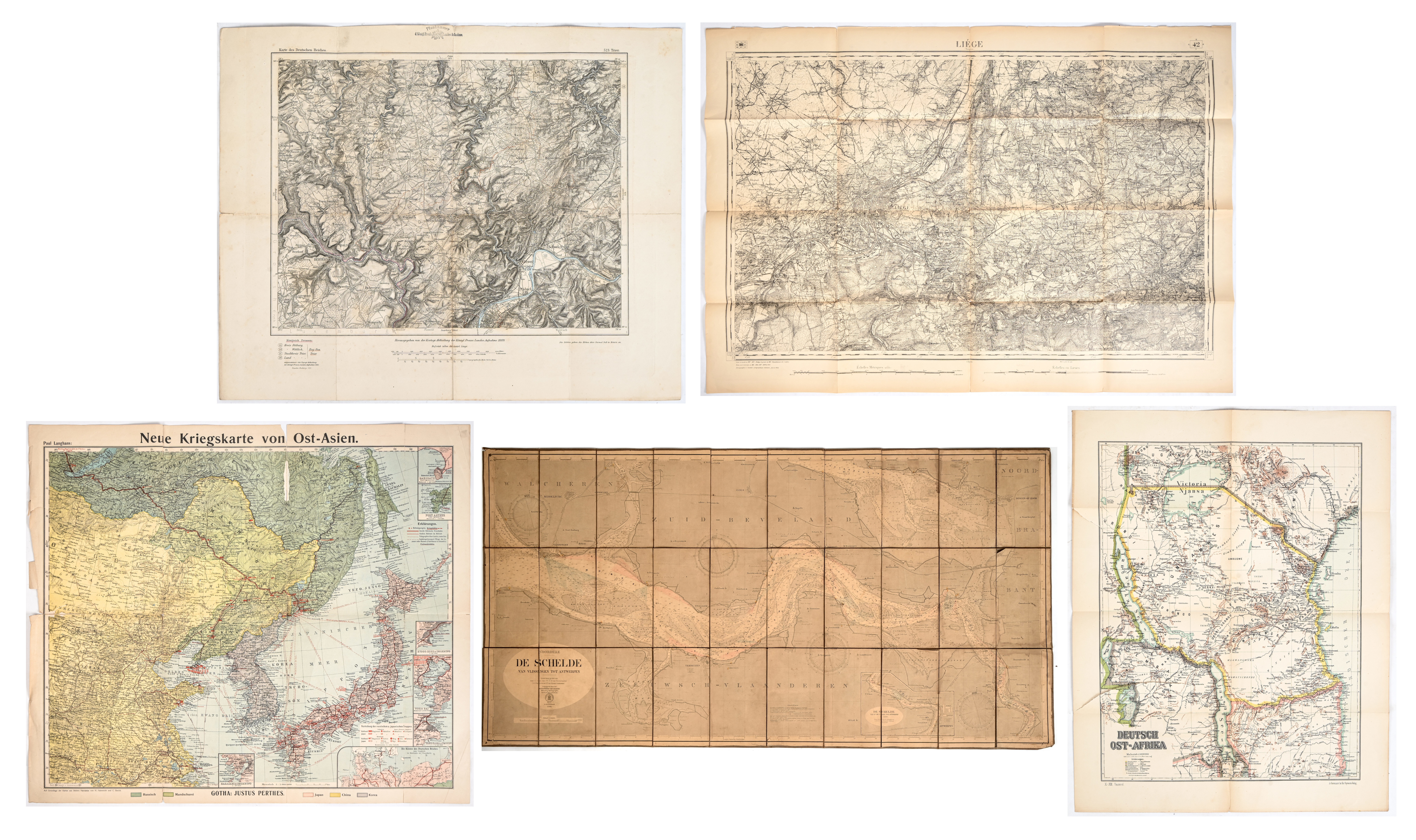 Vijf oude landkaarten: De Schelde van Vlissingen tot Antwerpen, Deutsch Ost-Afrika (gescheurd), Karte des Deutschen Reiches (1889), Liége (1906) en Neue Kriegskarte von Ost-Asien (de meeste met scheurtjes in de plooien) Vijf oude landkaarten: De Schelde van Vlissingen tot Antwerpen, Deutsch Ost-Afrika (gescheurd), Karte des Deutschen Reiches (1889), Liége (1906) en Neue Kriegskarte von Ost-Asien (de meeste met scheurtjes in de plooien).