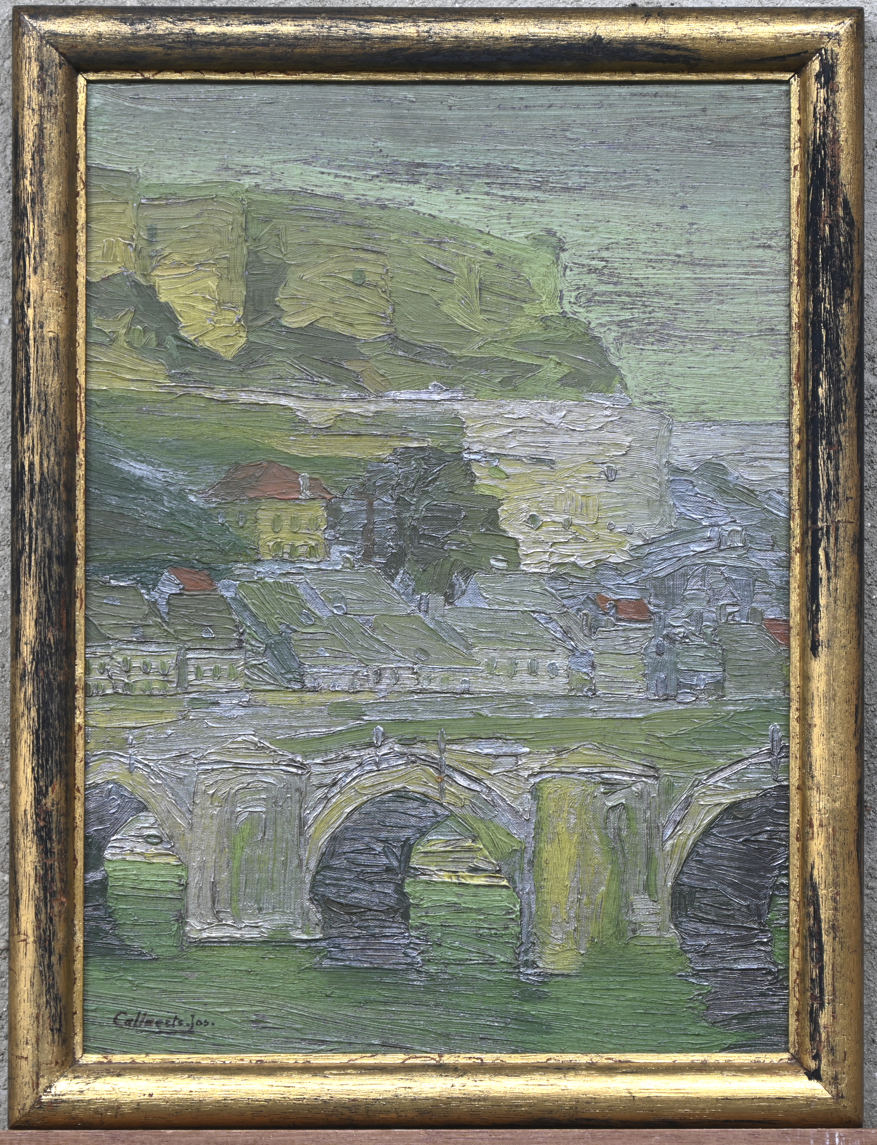 Een impressionistisch landsschap in groentinten, olieverf op paneel. Gesigneerd Een impressionistisch landsschap in groentinten, olieverf op paneel. Gesigneerd.