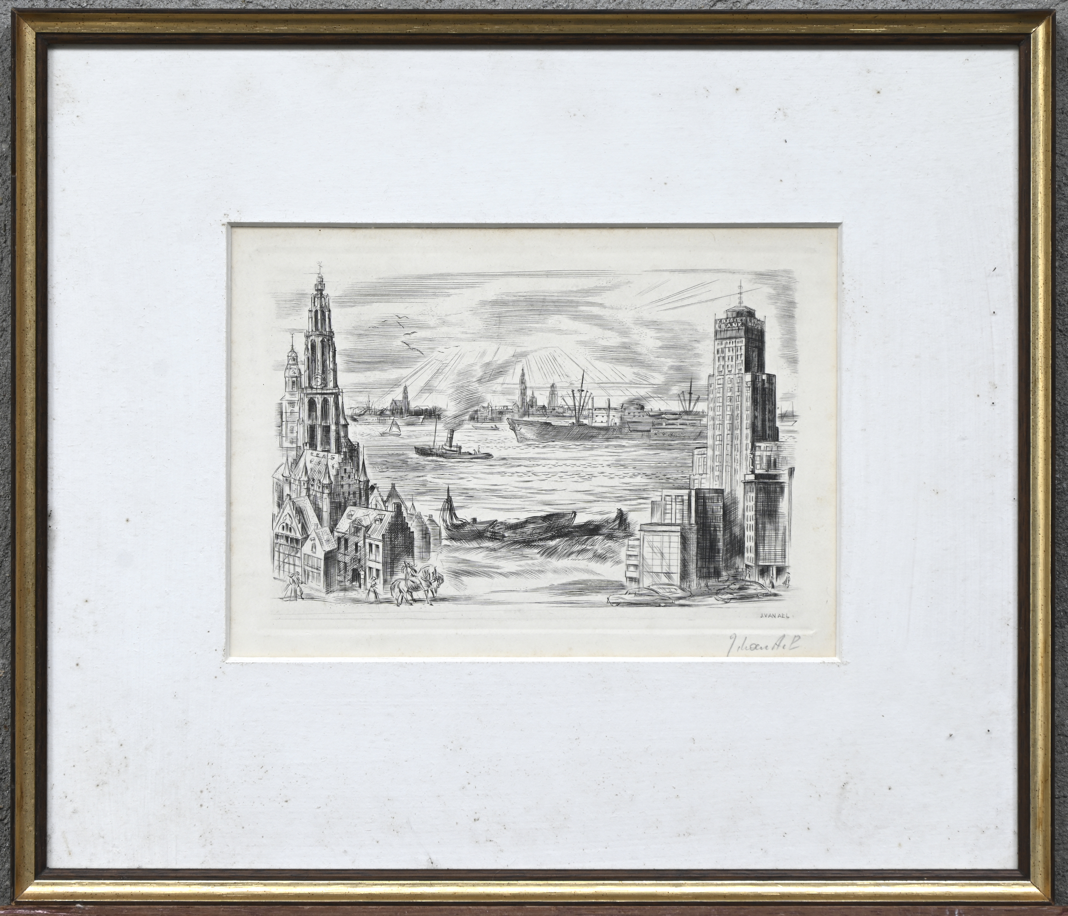 ‘Antwerpen en de Schelde’, een monochrome gravure. Gesigneerd ‘Antwerpen en de Schelde’, een monochrome gravure. Gesigneerd.