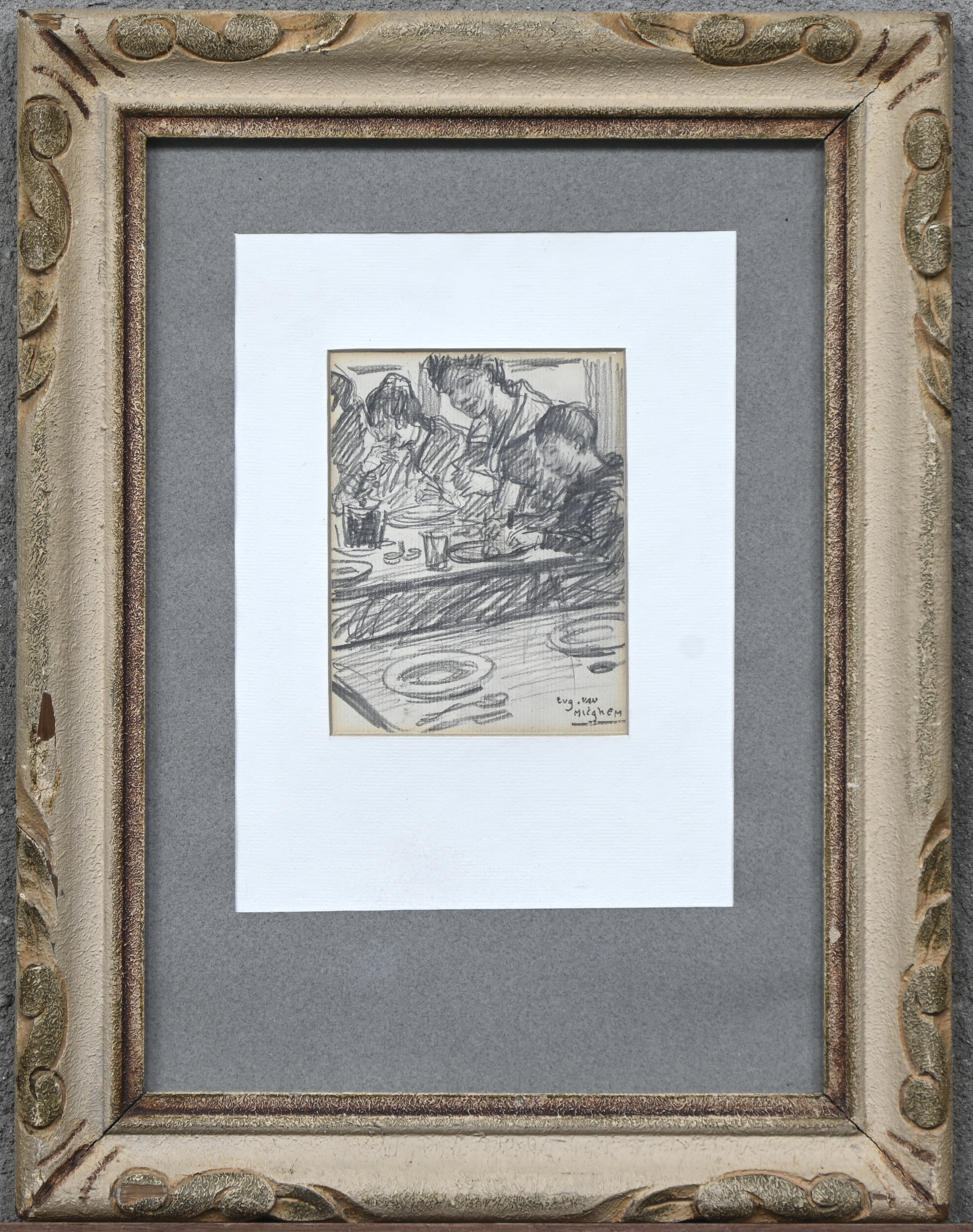 ‘Het middagmaal’, een potloodtekening. Gesigneerd met bister: ‘Eug. Van Mieghem’ ‘Het middagmaal’, een potloodtekening. Gesigneerd met bister: ‘Eug. Van Mieghem’.