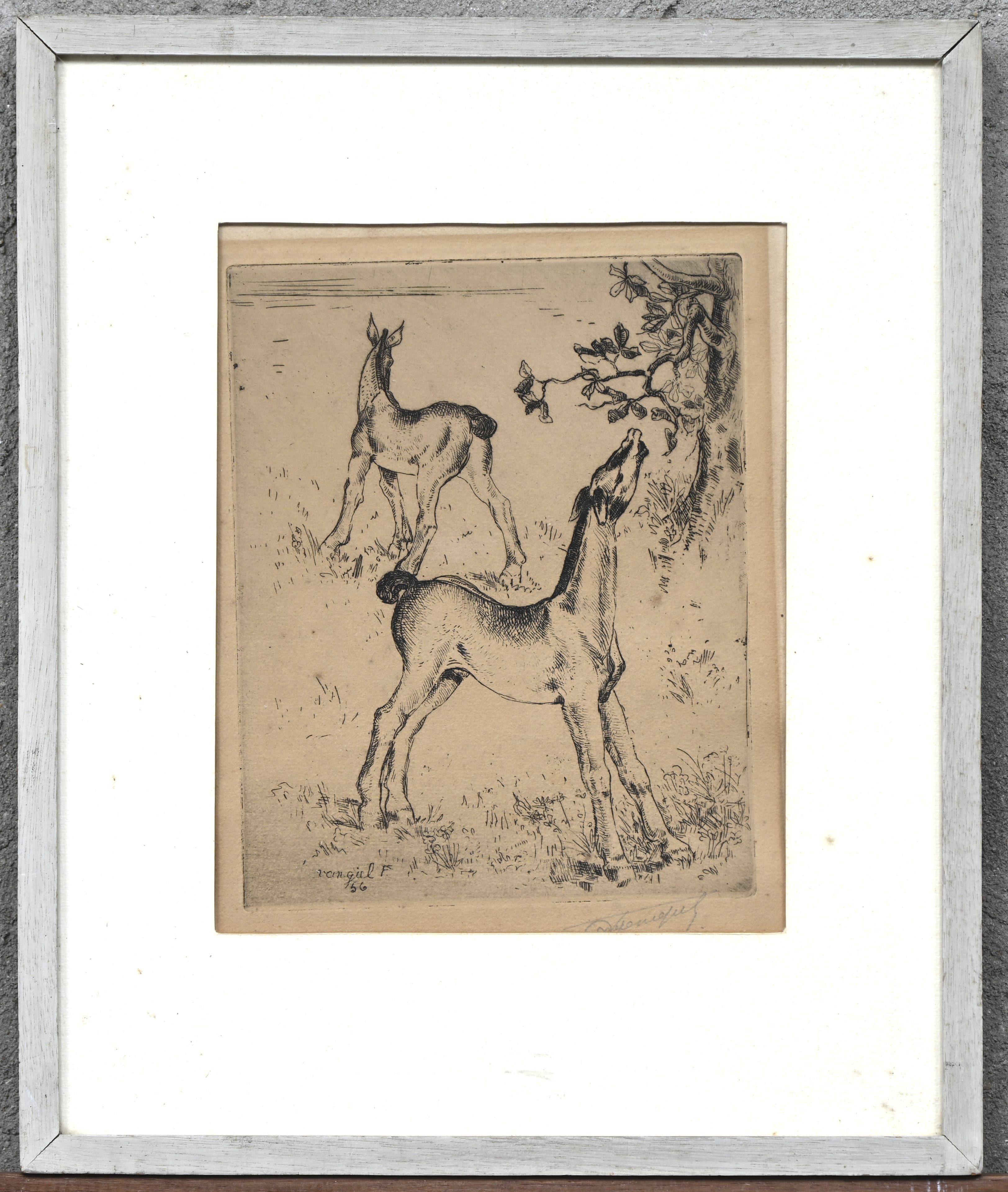 ‘Veulens’, een monochrome ets. Gesigneerd binnen en buiten de plaat ‘Veulens’, een monochrome ets. Gesigneerd binnen en buiten de plaat.