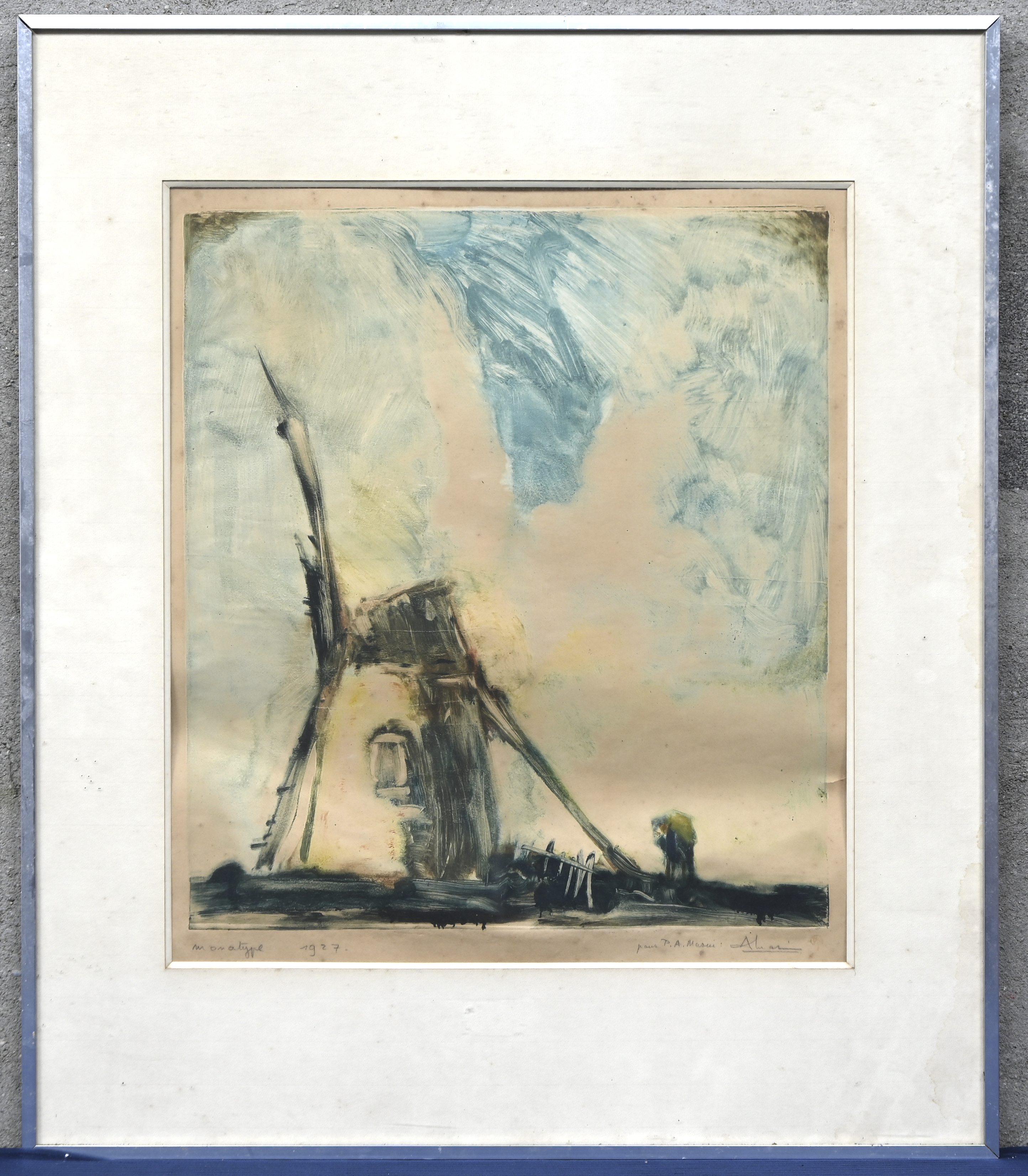 “Windmolen”. Monotype op papier. Onleesbaar gesigneerd “Windmolen”. Monotype op papier. Onleesbaar gesigneerd.