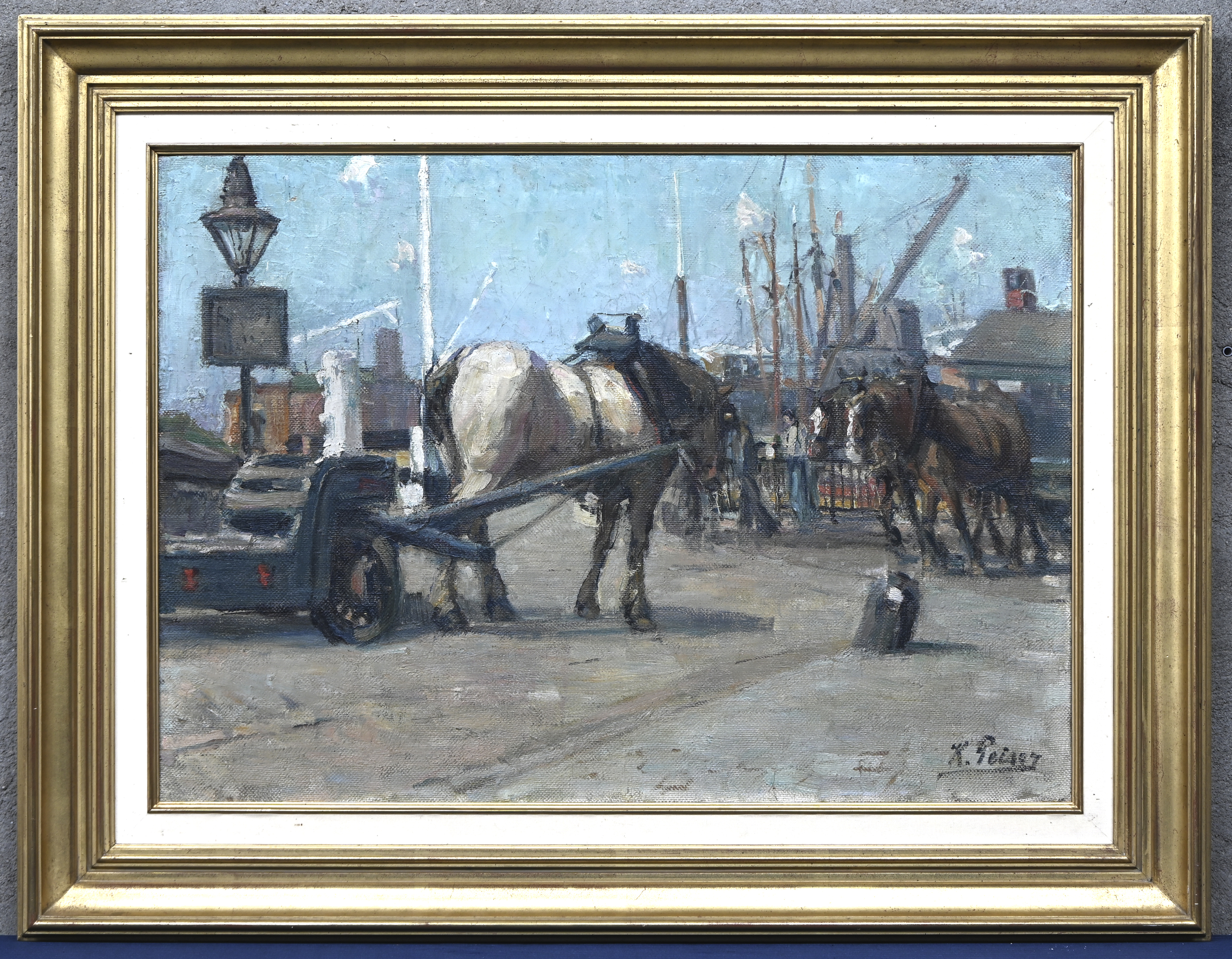 ‘Natiepaarden in de haven’, een olieverfschilderij op doek. Gesigneerd ‘Natiepaarden in de haven’, een olieverfschilderij op doek. Gesigneerd.