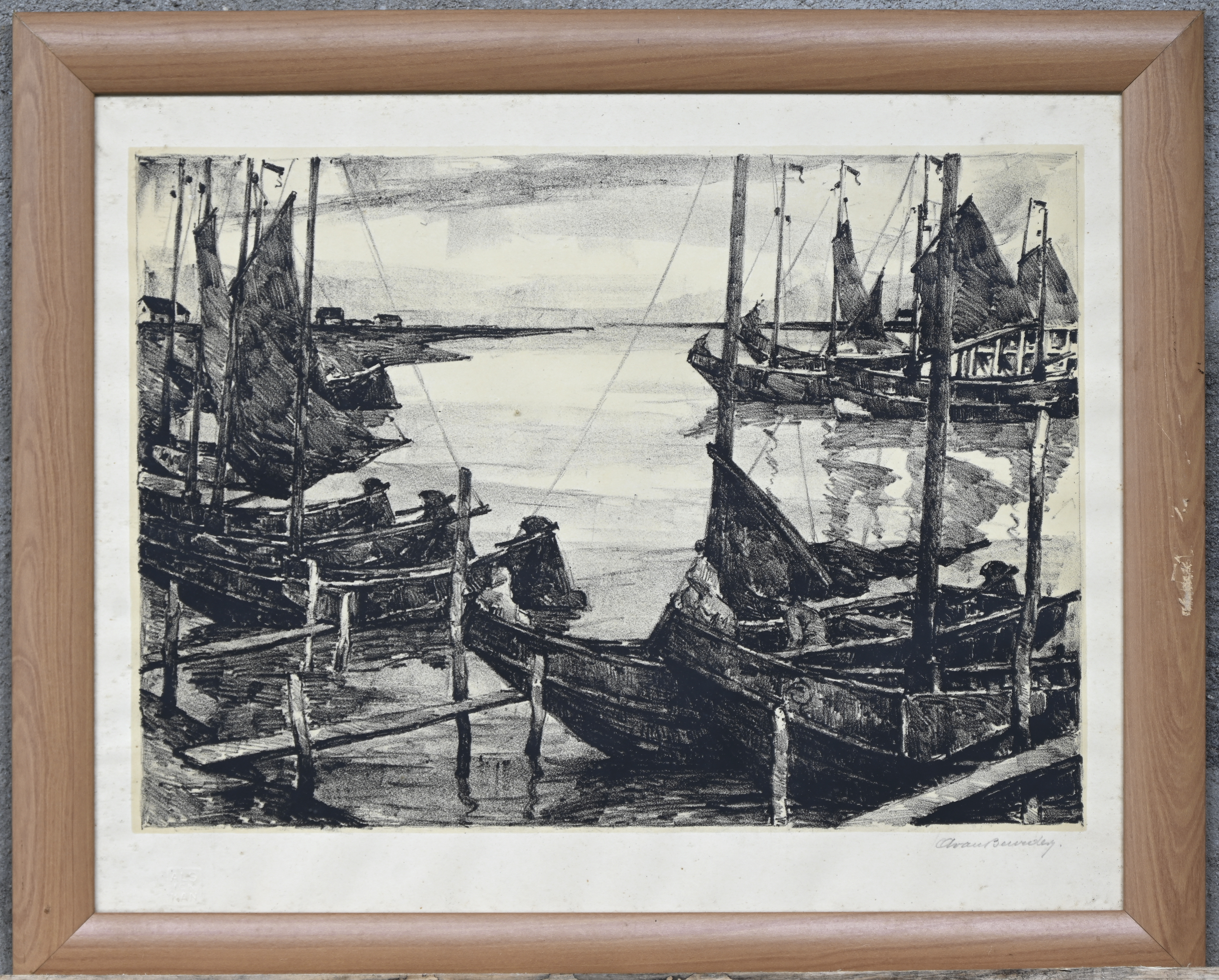 ‘Zeilboten op de Schelde’, een lithografie in twee kleuren. Gesigneerd, met droogstempel ‘Als Ick Kan’ ‘Zeilboten op de Schelde’, een lithografie in twee kleuren. Gesigneerd, met droogstempel ‘Als Ick Kan’.