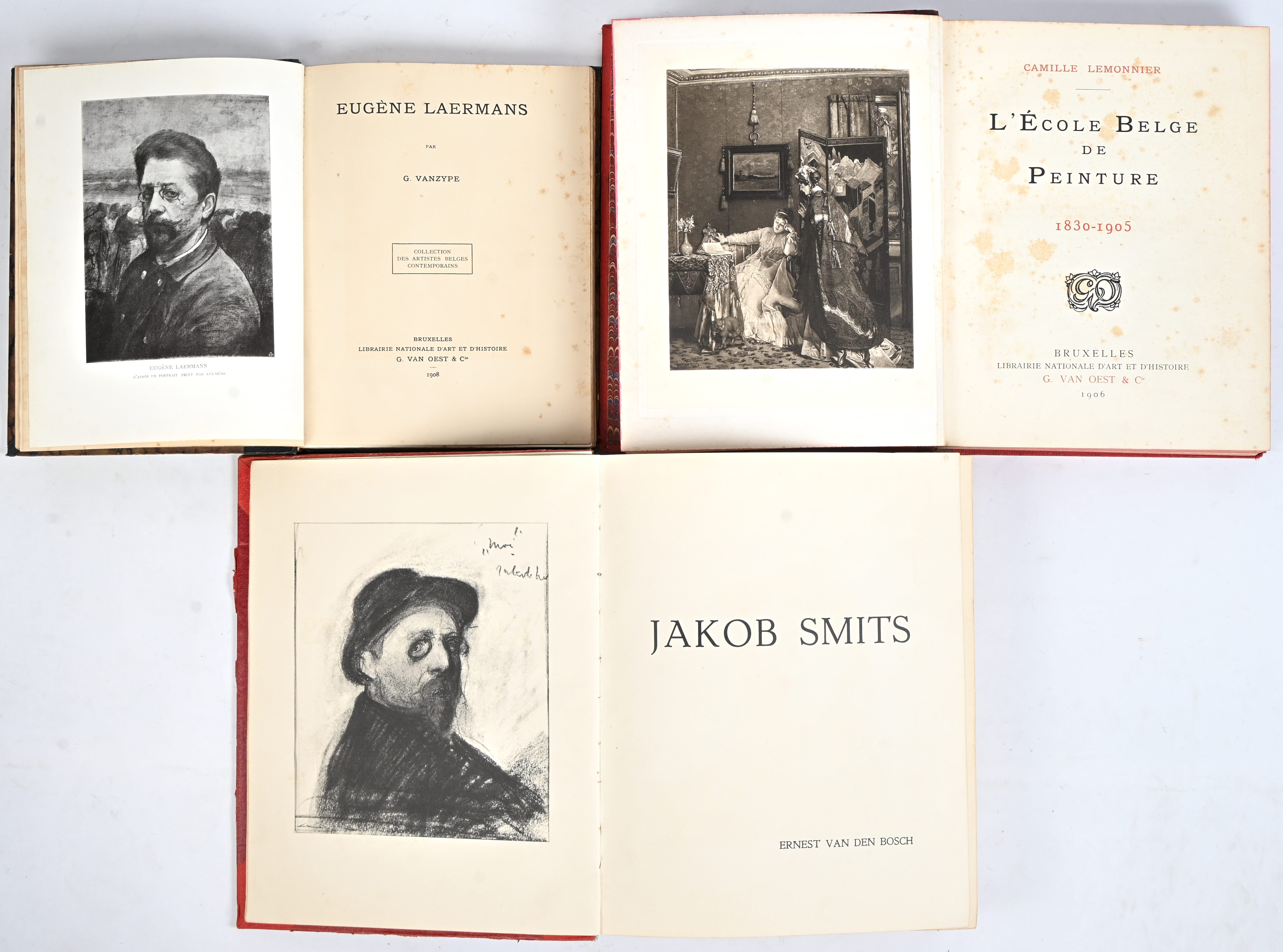 Drie oude boeken over kunst. ‘L’Ecole belge de peinture’, ‘Eugène Laermans’ en ‘Jacob Smits’ Drie oude boeken over kunst. ‘L’Ecole belge de peinture’, ‘Eugène Laermans’ en ‘Jacob Smits’.