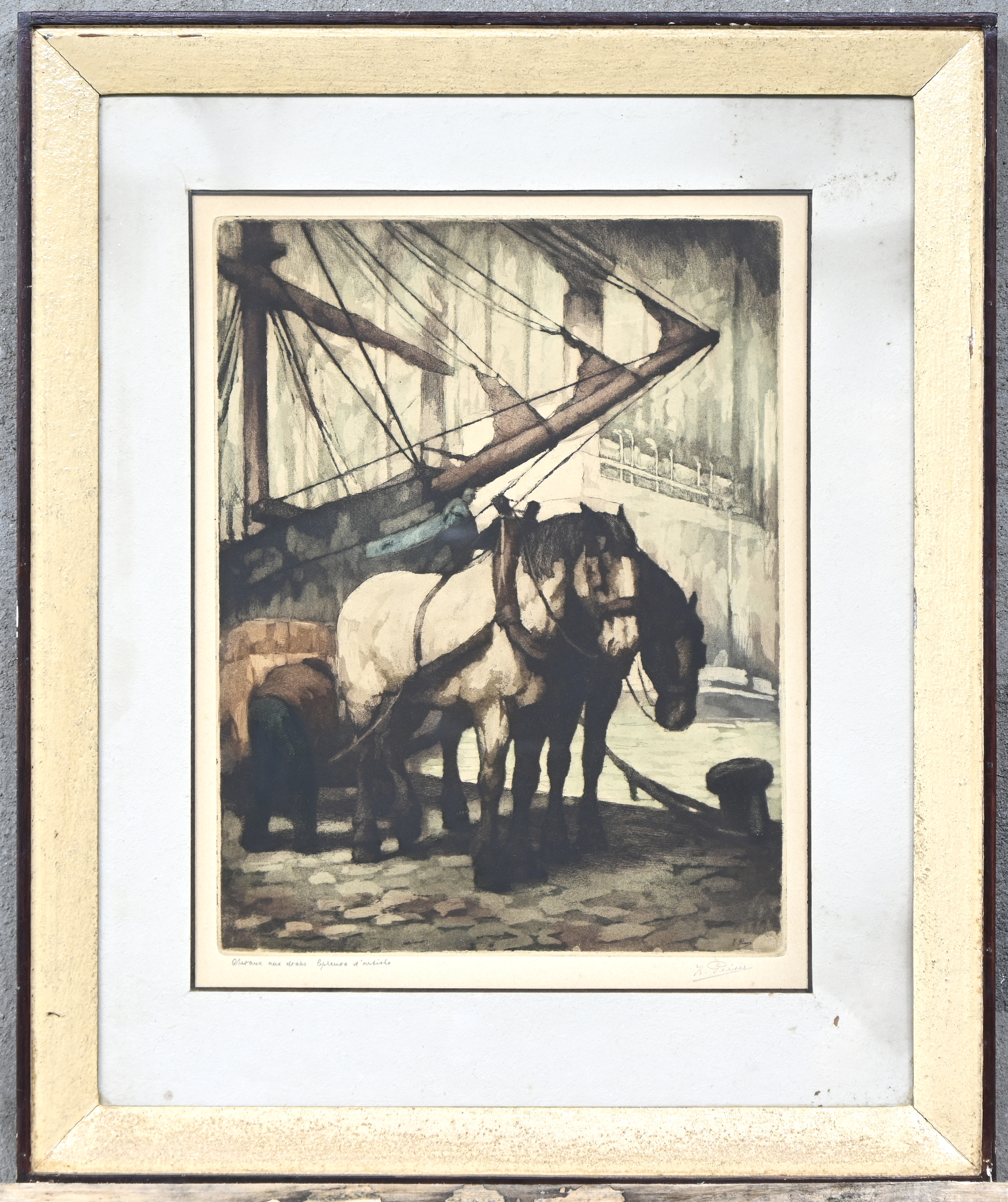 ‘Chevaux au docks’, een kleurenets/aquatint. Gesigneerd binnen en buiten de plaat, epreuve d’artiste ‘Chevaux au docks’, een kleurenets/aquatint. Gesigneerd binnen en buiten de plaat, epreuve d’artiste.