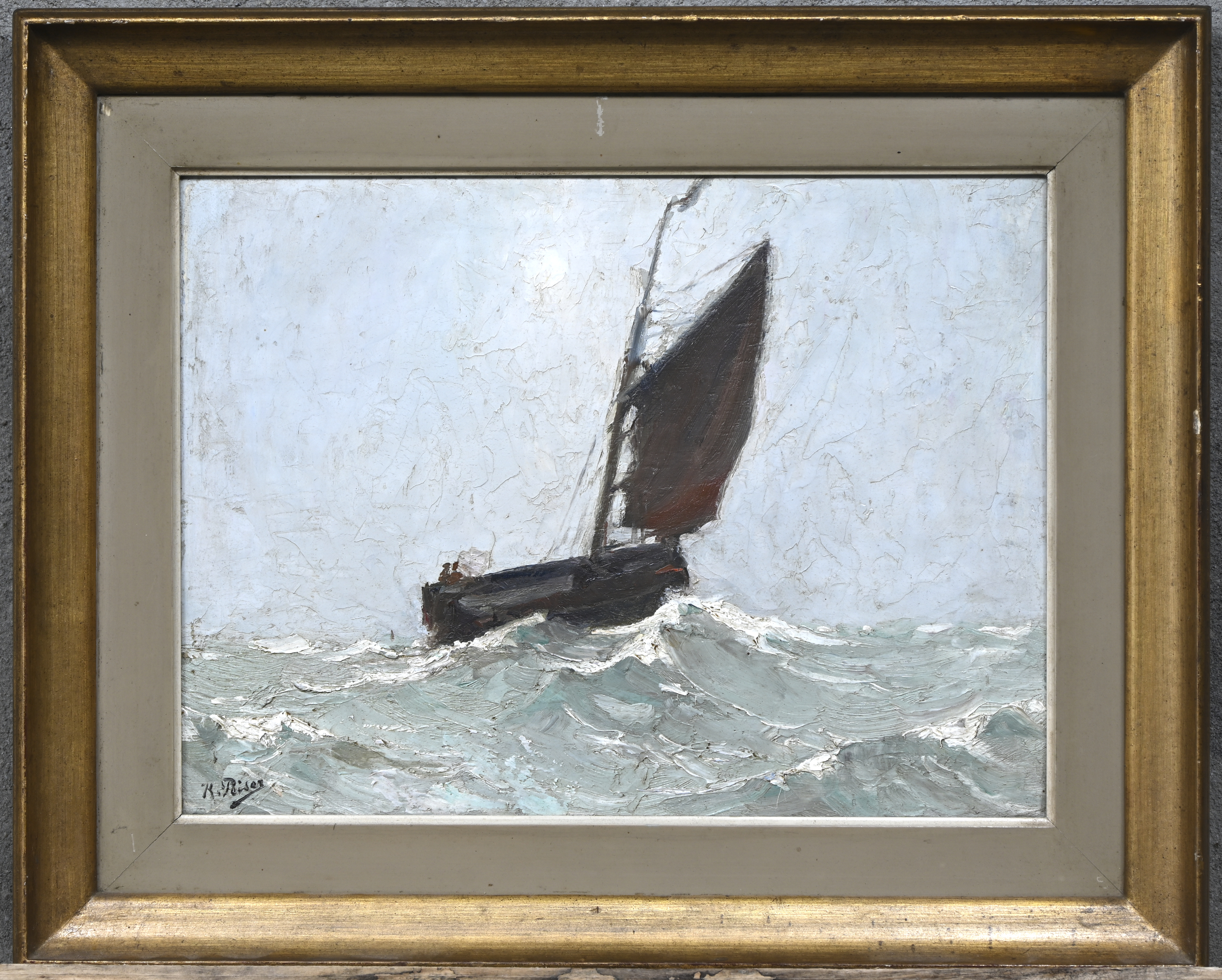 ‘Visserssloep op zee’, een impasto olieverfschilderij op paneel. Getekend K. Peiser ‘Visserssloep op zee’, een impasto olieverfschilderij op paneel. Getekend K. Peiser.