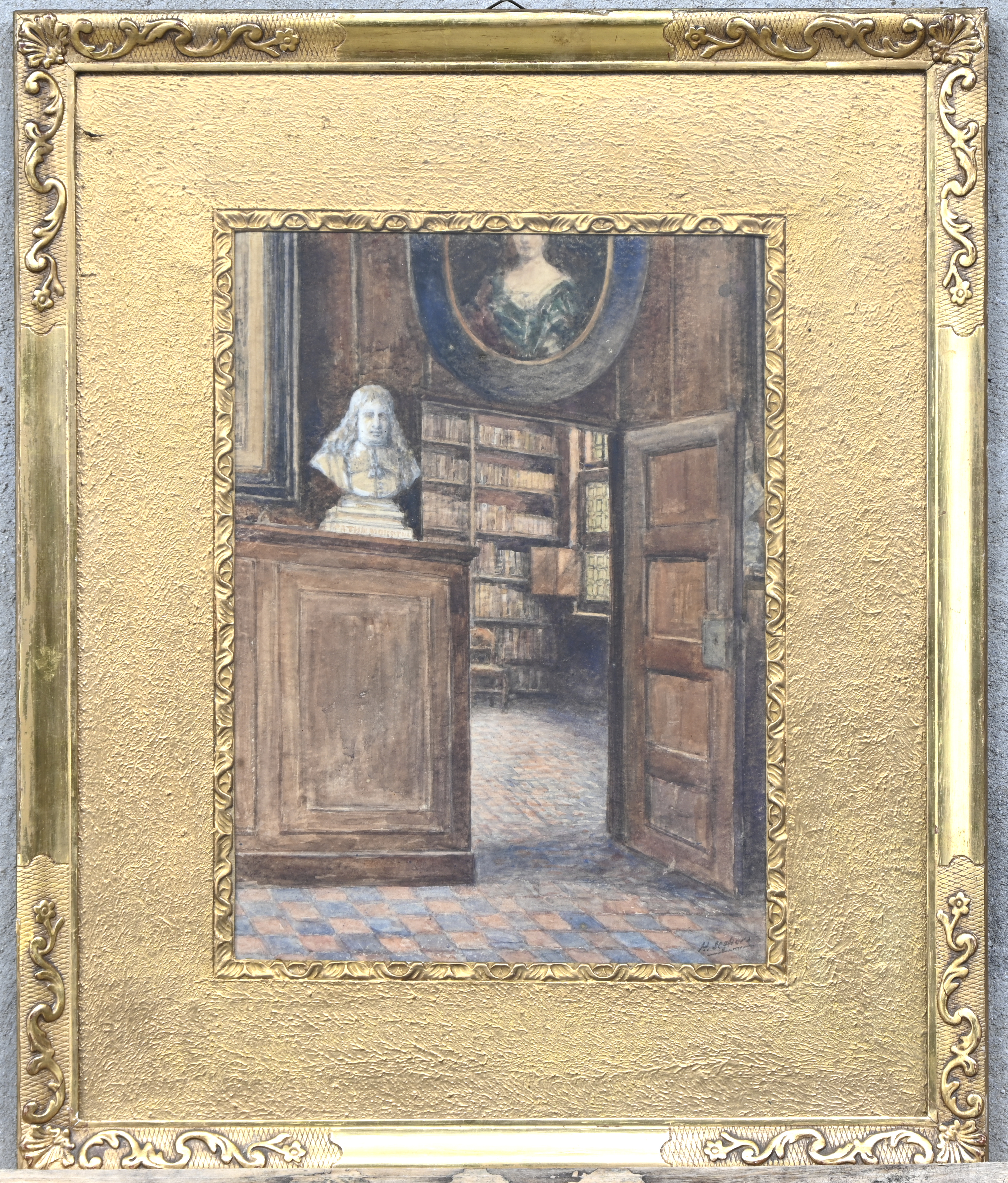 ‘Binnenzicht in Plantin Moretus’, een aquarel. Gesigneerd ‘Binnenzicht in Plantin Moretus’, een aquarel. Gesigneerd.