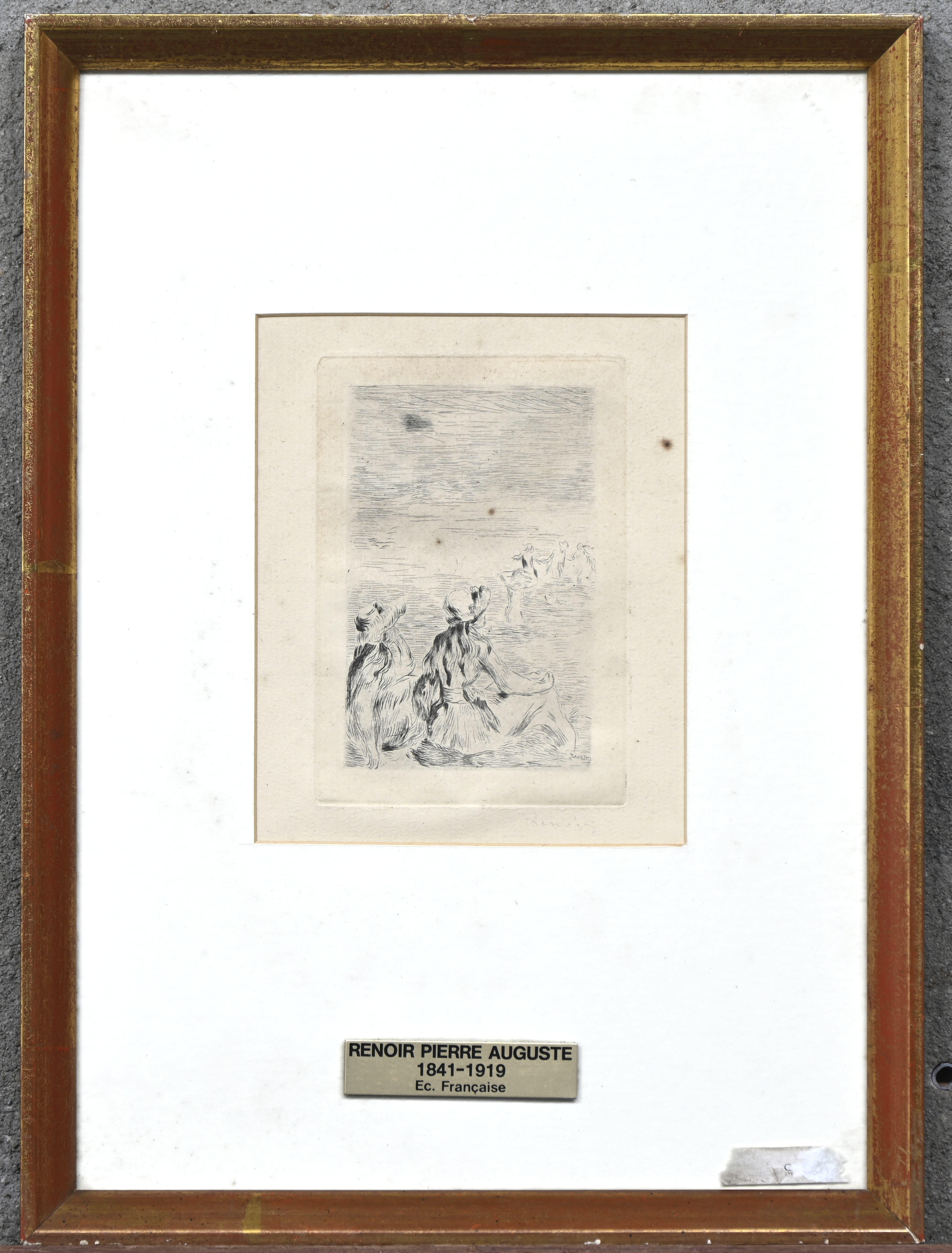 ‘Sur le plage, à Berneval’, een monochrome ets/droge naald. Getekend ‘Renoir’, binnen en buiten de plaat ‘Sur le plage, à Berneval’, een monochrome ets/droge naald. Getekend ‘Renoir’, binnen en buiten de plaat.