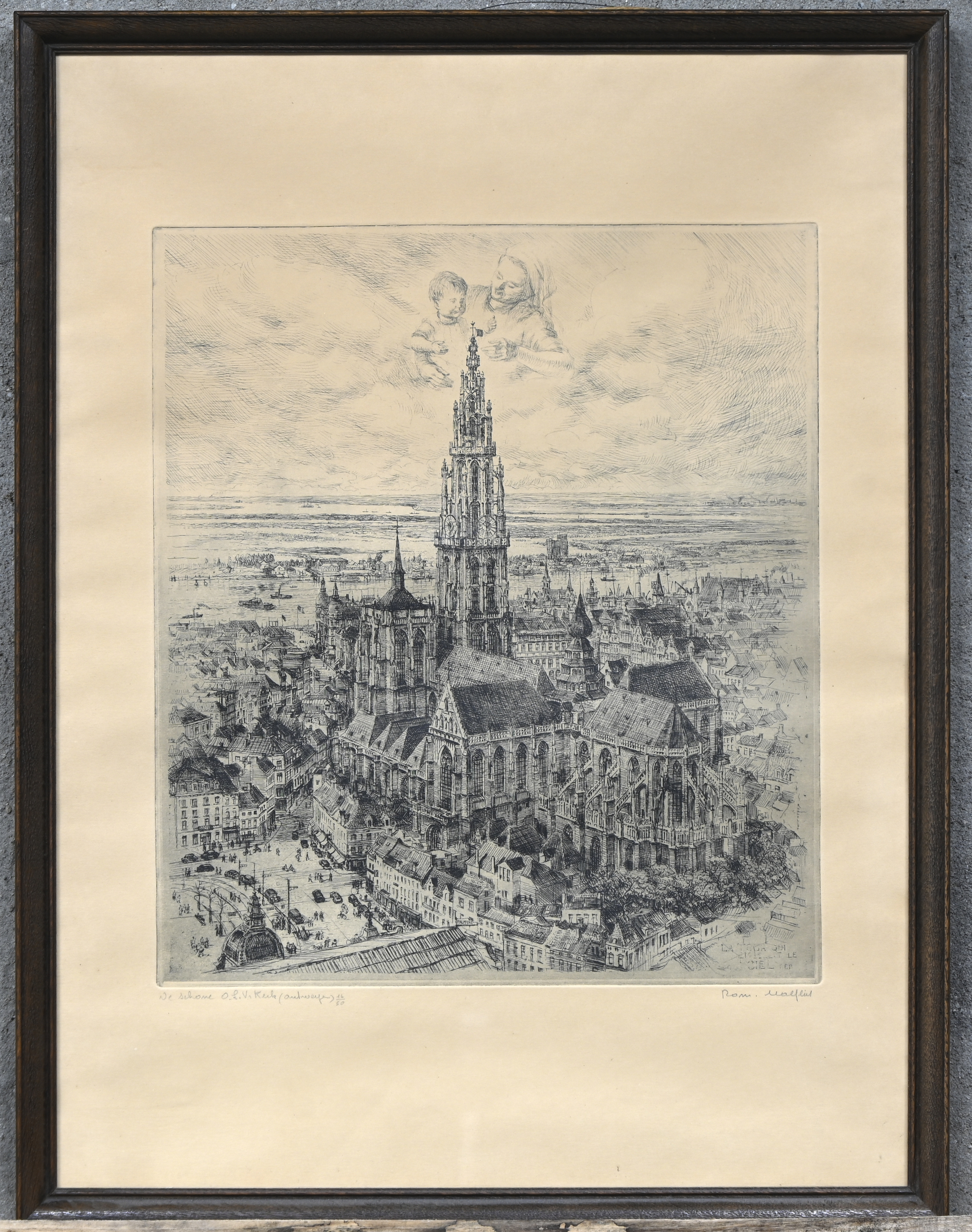 “De schone O.L.V. Kerk (Antwerpen), een ets, buiten de plaat gesigneerd en genummerd 16/50 “De schone O.L.V. Kerk (Antwerpen), een ets, buiten de plaat gesigneerd en genummerd 16/50.