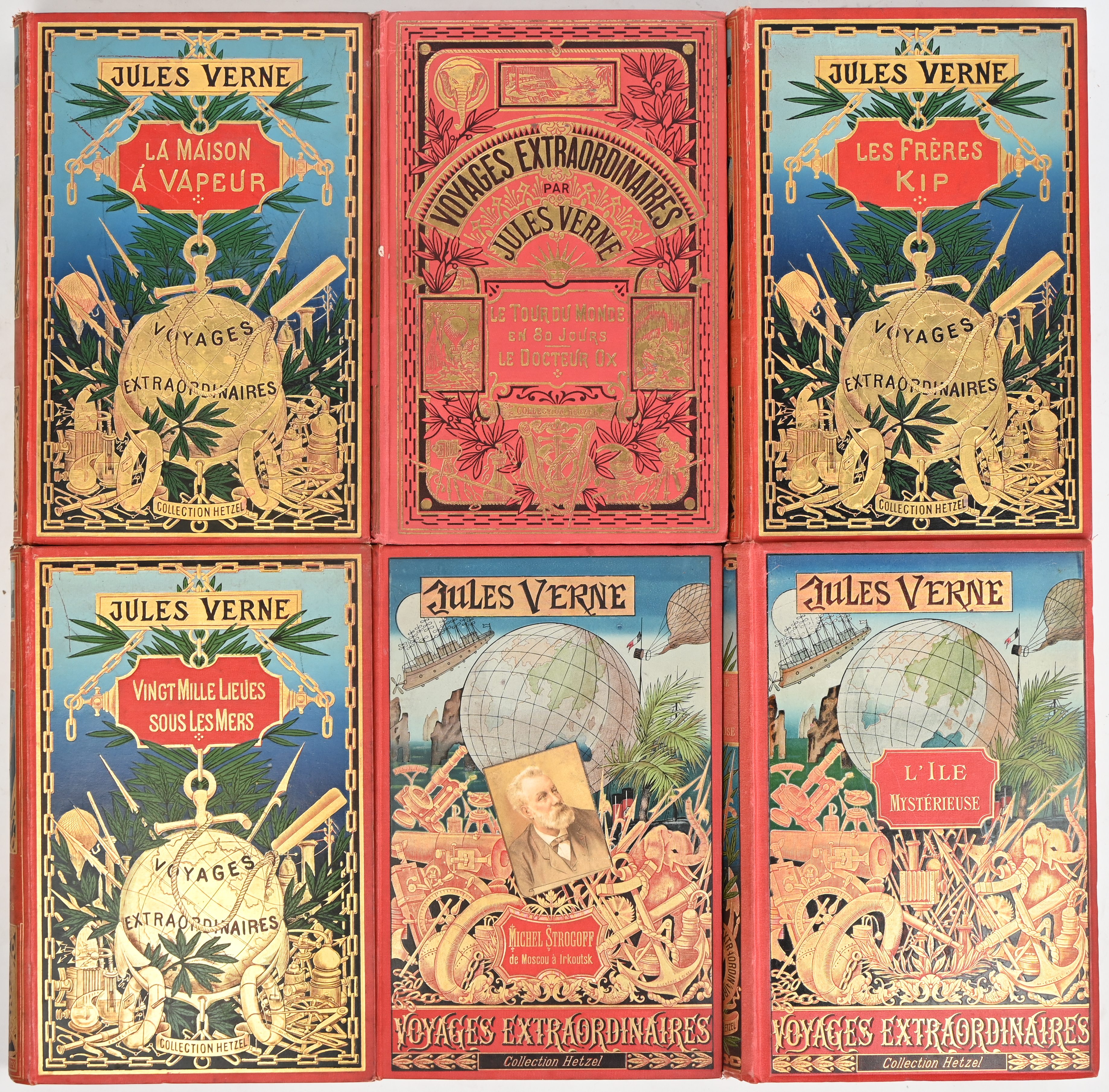 Een lot van 6 boeken, Jules Verne, uit de eerste helft van de 20ste eeuw, bestaande uit: L’Ile Mystérieuse, La Maison à Vapeur, Michel Strogoff, Les Frères Kip, Vingt Mille Lieues sous Les Mers en Le Tour Du Monde en 80 Jours/Le Docteur Ox Een lot van 6 boeken, Jules Verne, uit de eerste helft van de 20ste eeuw, bestaande uit: L’Ile Mystérieuse, La Maison à Vapeur, Michel Strogoff, Les Frères Kip, Vingt Mille Lieues sous Les Mers en Le Tour Du Monde en 80 Jours/Le Docteur Ox.