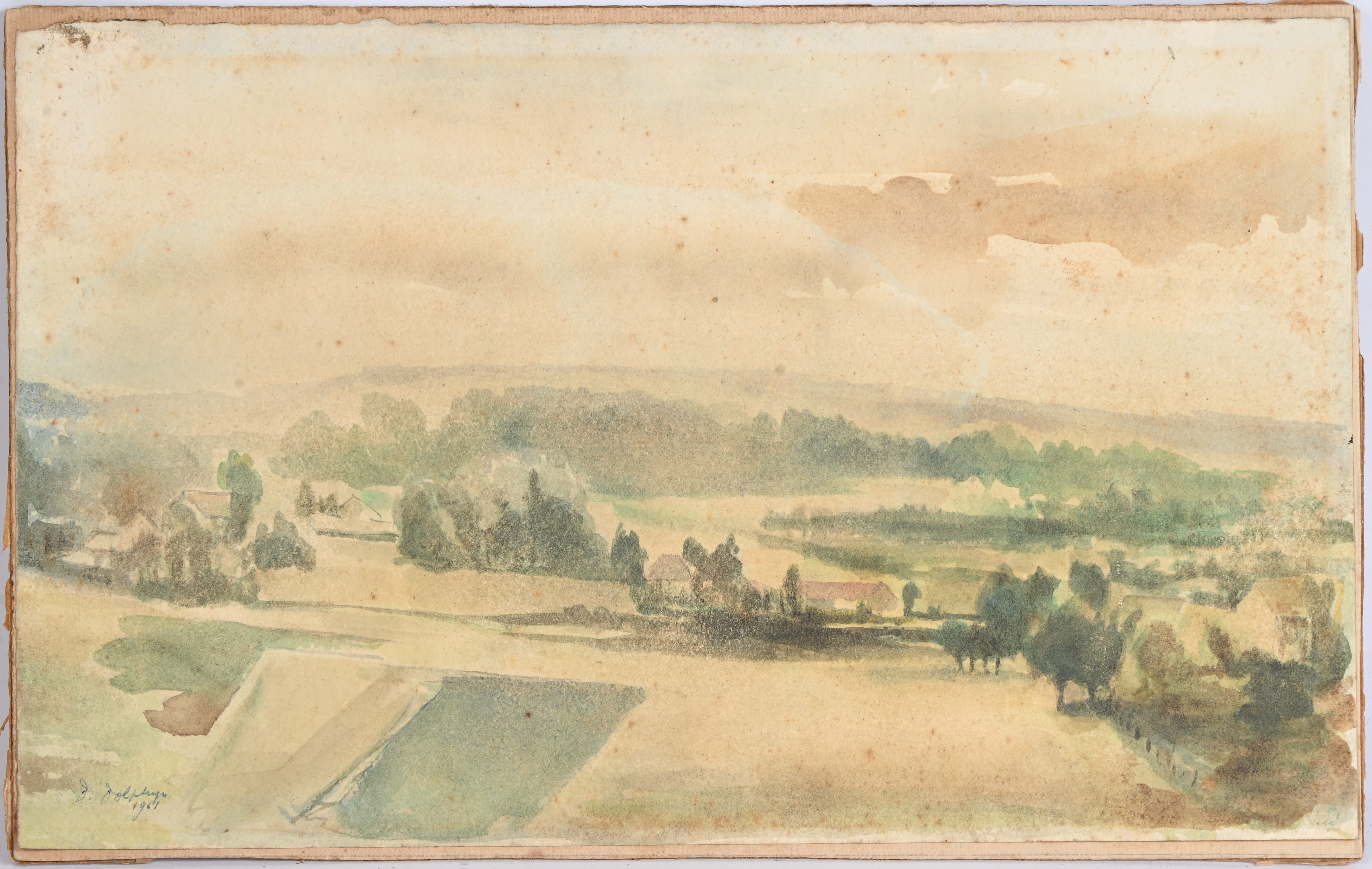 ‘Ruraal landschap’, een aquarel. Gesigneerd en gedateerd 1961. Het papier heeft een beetje roestschade, zonder kader ‘Ruraal landschap’, een aquarel. Gesigneerd en gedateerd 1961. Het papier heeft een beetje roestschade, zonder kader.