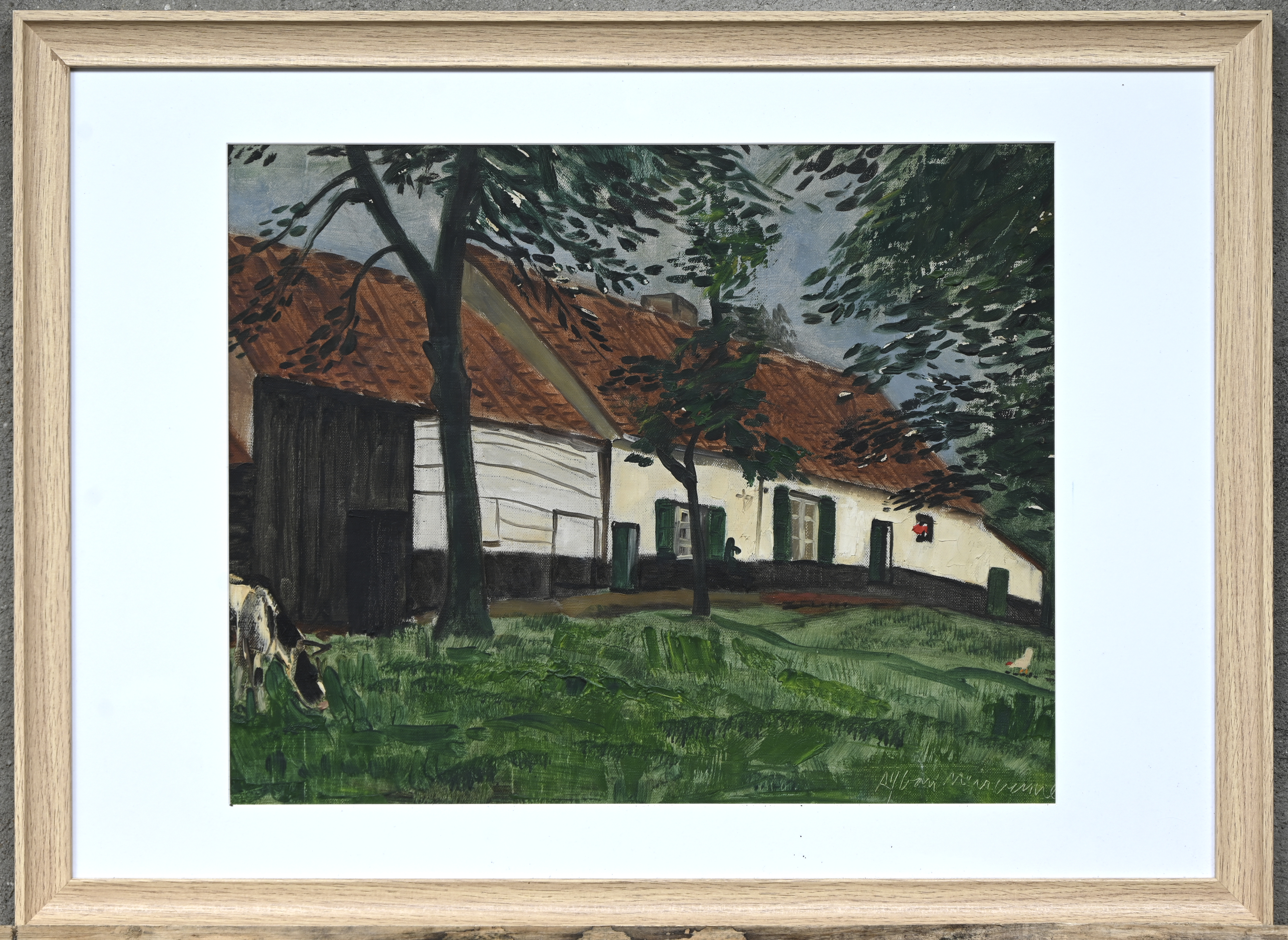 “Hoevezicht met koe”, een schilderij, olieverf op schilderspaneel, gesigneerd “Hoevezicht met koe”, een schilderij, olieverf op schilderspaneel, gesigneerd.
