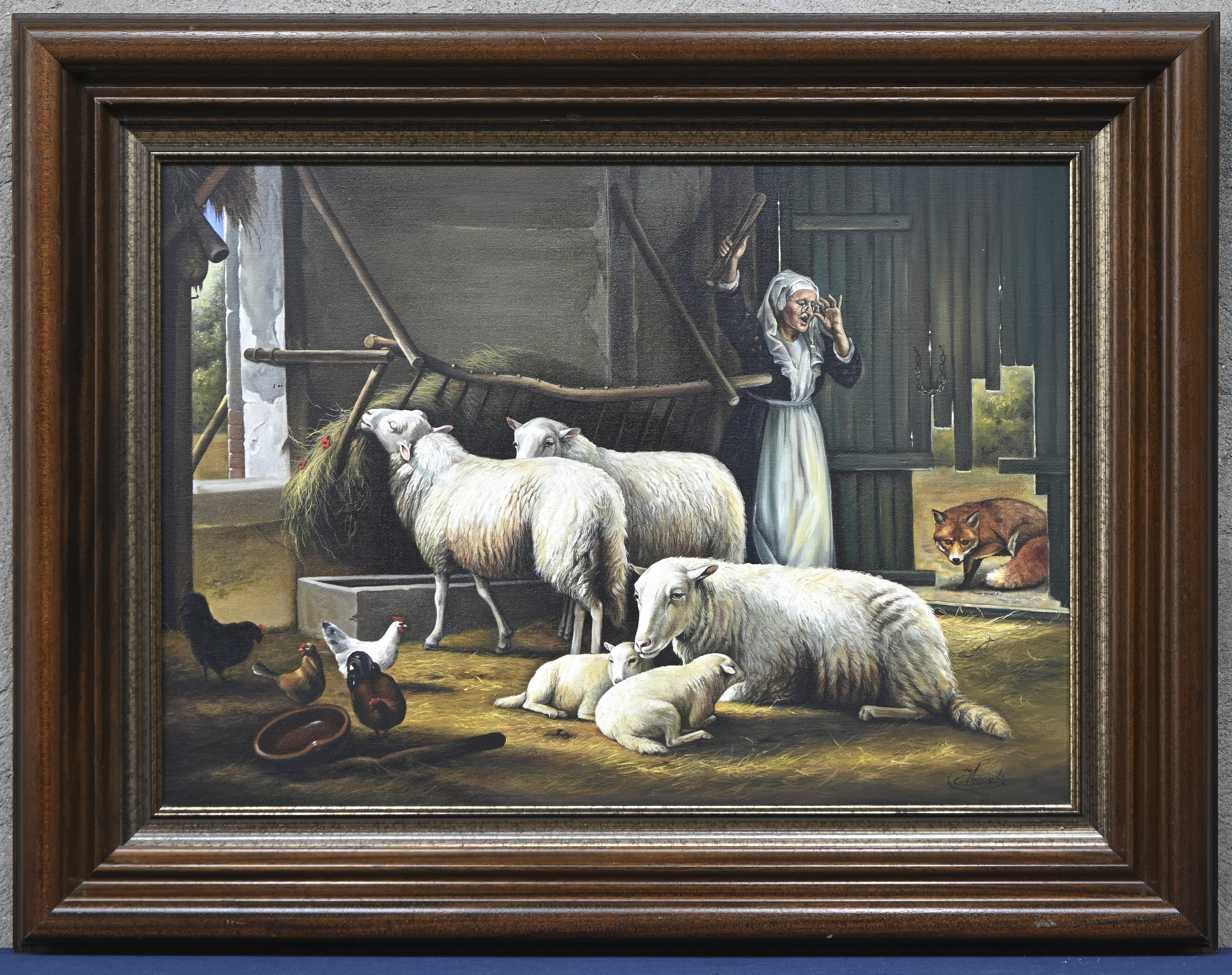 ‘Stalscene met ongewenst bezoek’, een olieverfschilderij op doek. Naar de 19e eeuw. Gesigneerd ‘Stalscene met ongewenst bezoek’, een olieverfschilderij op doek. Naar de 19e eeuw. Gesigneerd.
