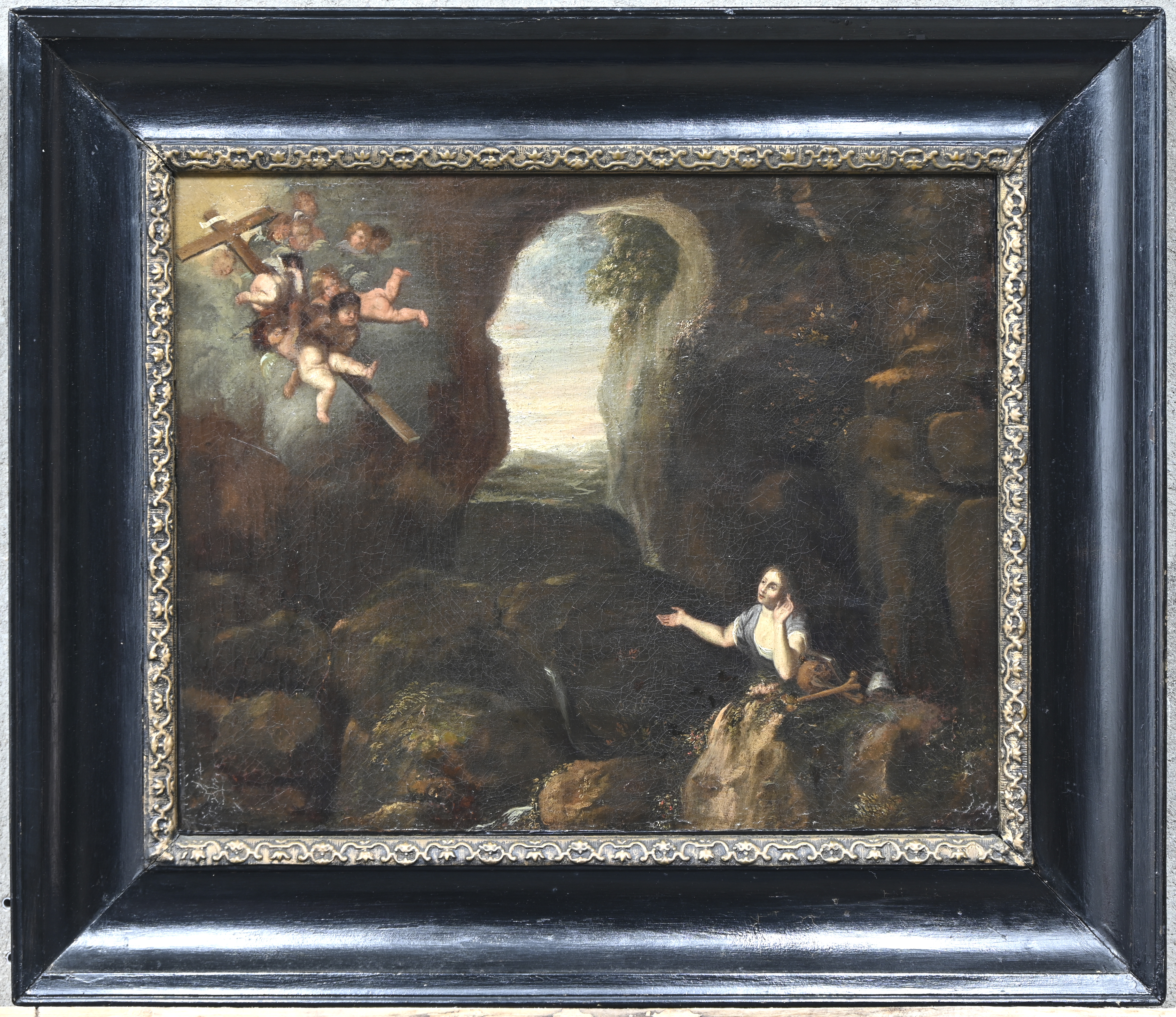 ‘Maria Magdalena in de grot’, een olieverfschilderij op doek. Romeinse school, mogelijk 17e eeuw. Herdoekt ‘Maria Magdalena in de grot’, een olieverfschilderij op doek. Romeinse school, mogelijk 17e eeuw. Herdoekt.