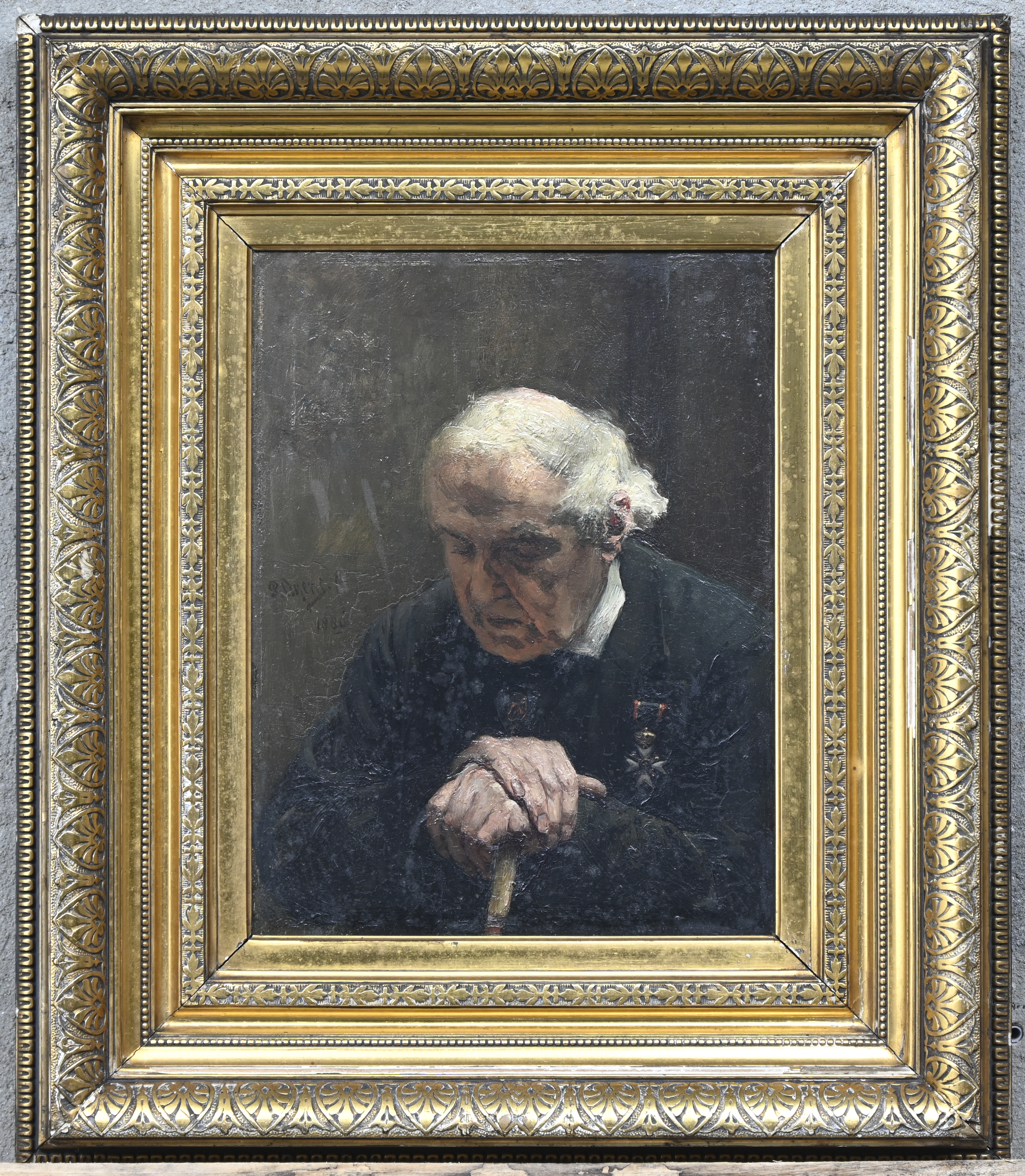 ‘De oudstrijder’, een 19e eeuws olieverfschilderij op paneel. Gesigneerd en gedateerd 1880 ‘De oudstrijder’, een 19e eeuws olieverfschilderij op paneel. Gesigneerd en gedateerd 1880.