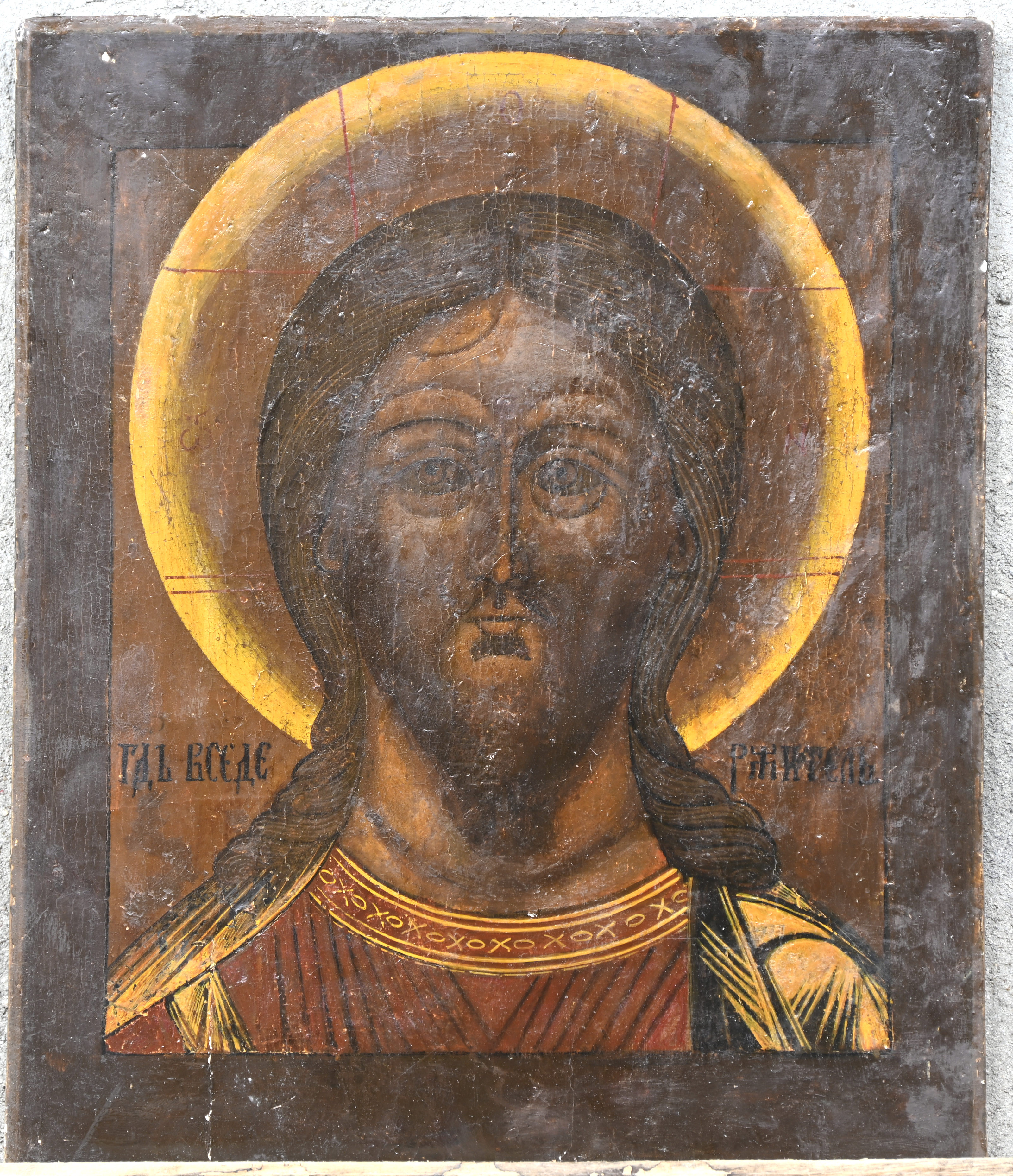 ‘Christus Pantocrator’, een grote Russische icoon. Tempera op paneel, 19e eeuw ‘Christus Pantocrator’, een grote Russische icoon. Tempera op paneel, 19e eeuw.