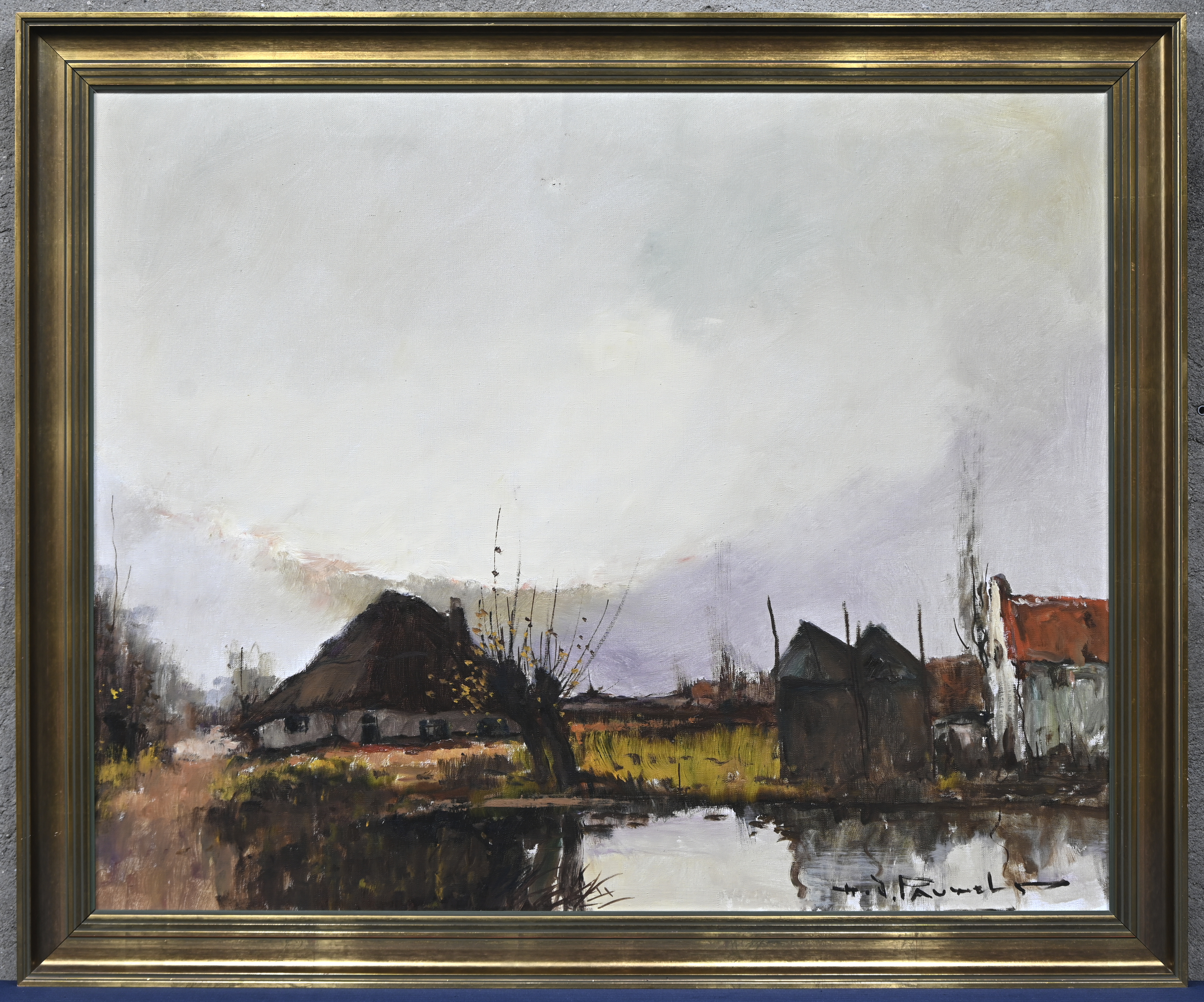 “Hoevelandschap”, een schilderij, olieverf op doek in houten kader. Gesigneerd “Hoevelandschap”, een schilderij, olieverf op doek in houten kader. Gesigneerd.