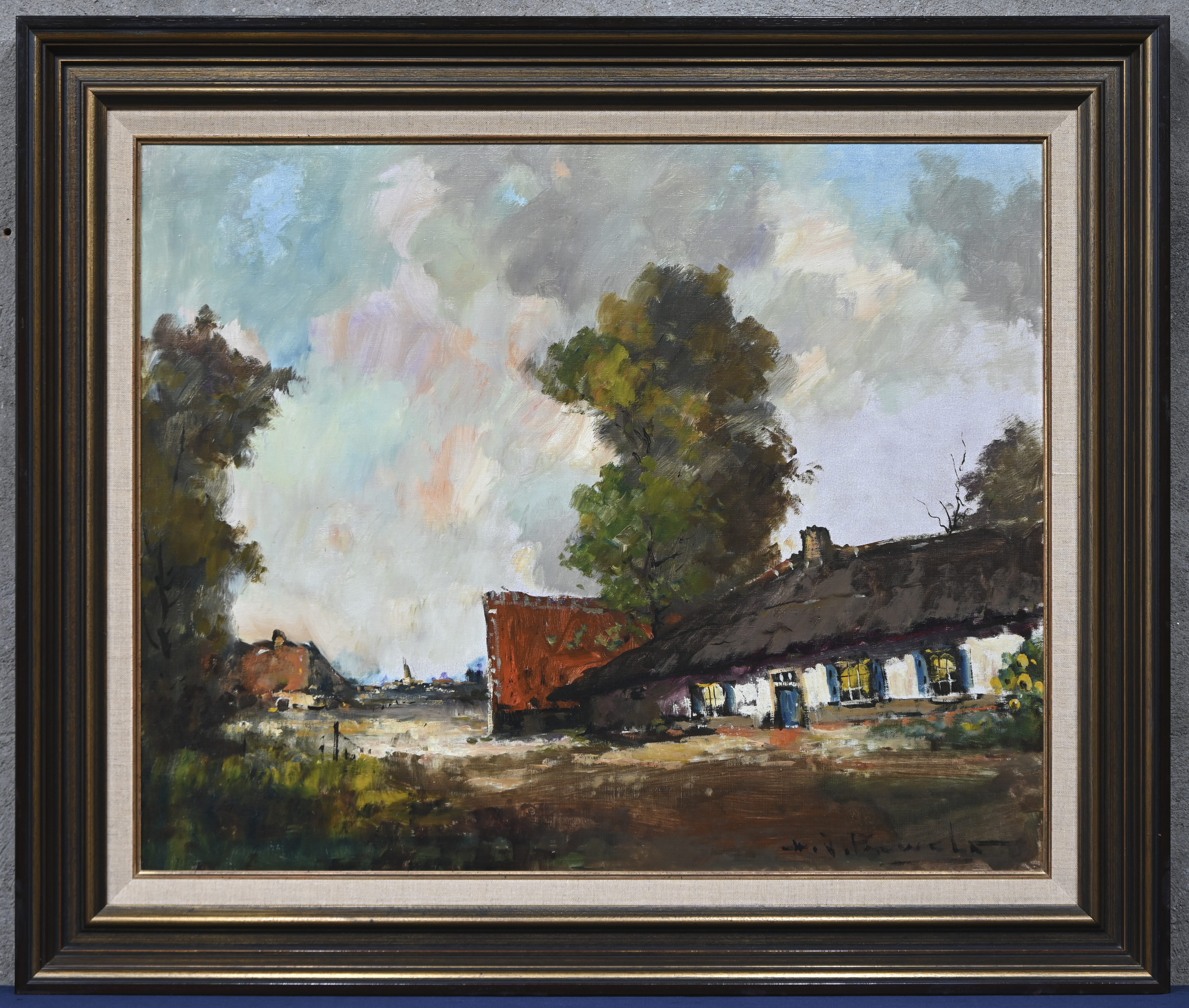 “Hoevelandschap”, een schilderij, olieverf op doek in houten kader. Gesigneerd “Hoevelandschap”, een schilderij, olieverf op doek in houten kader. Gesigneerd.